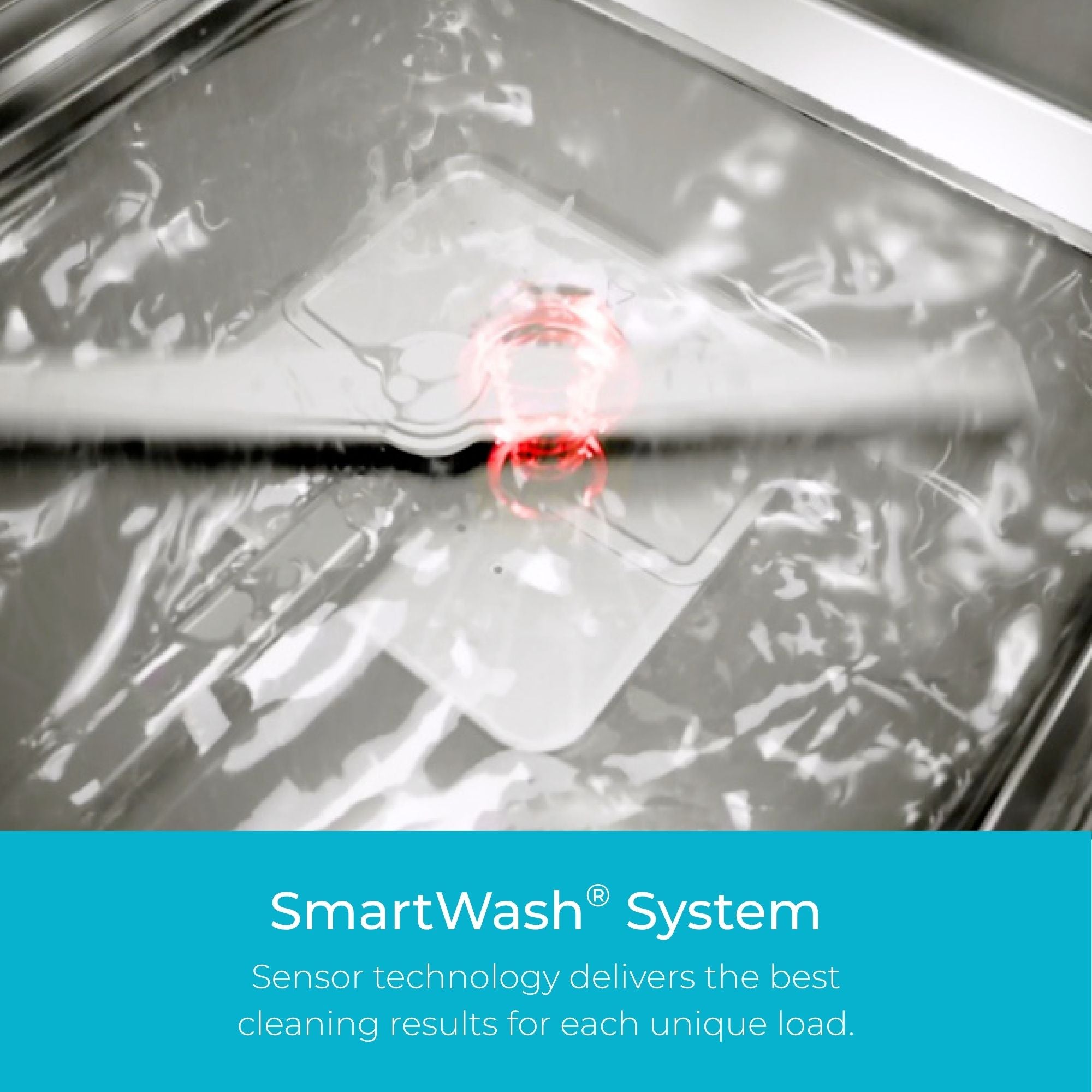 Closeup of the bottom of the Kenmore dishwasher filled with water. Text below reads, "SmartWash System: Sensor technology delivers the best cleaning results for each unique load."