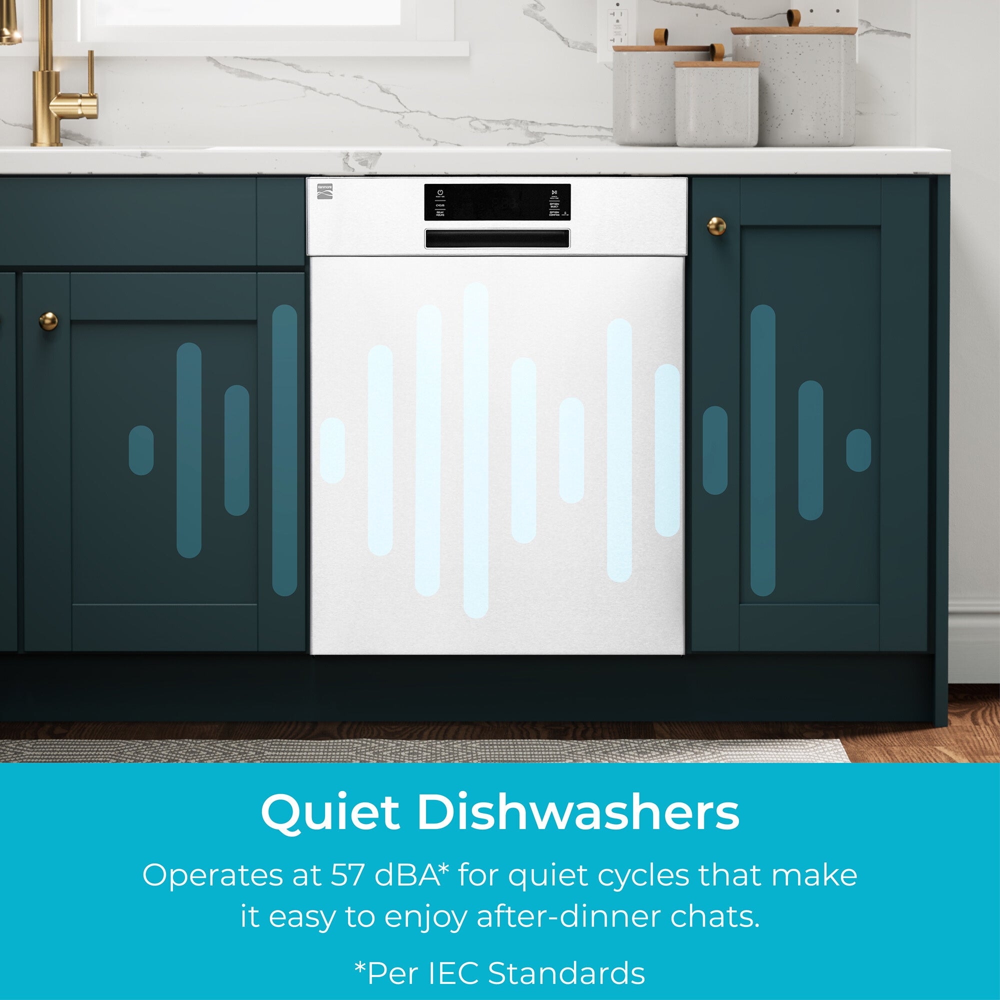 Kenmore dishwasher installed in a bright kitchen with dark green cabinets. Text below reads, "Quiet Dishwashers: Operates at 57 dBA* for quiet cycles that make it easy to enjoy after-dinner chats. (*Per IEC Standards)"