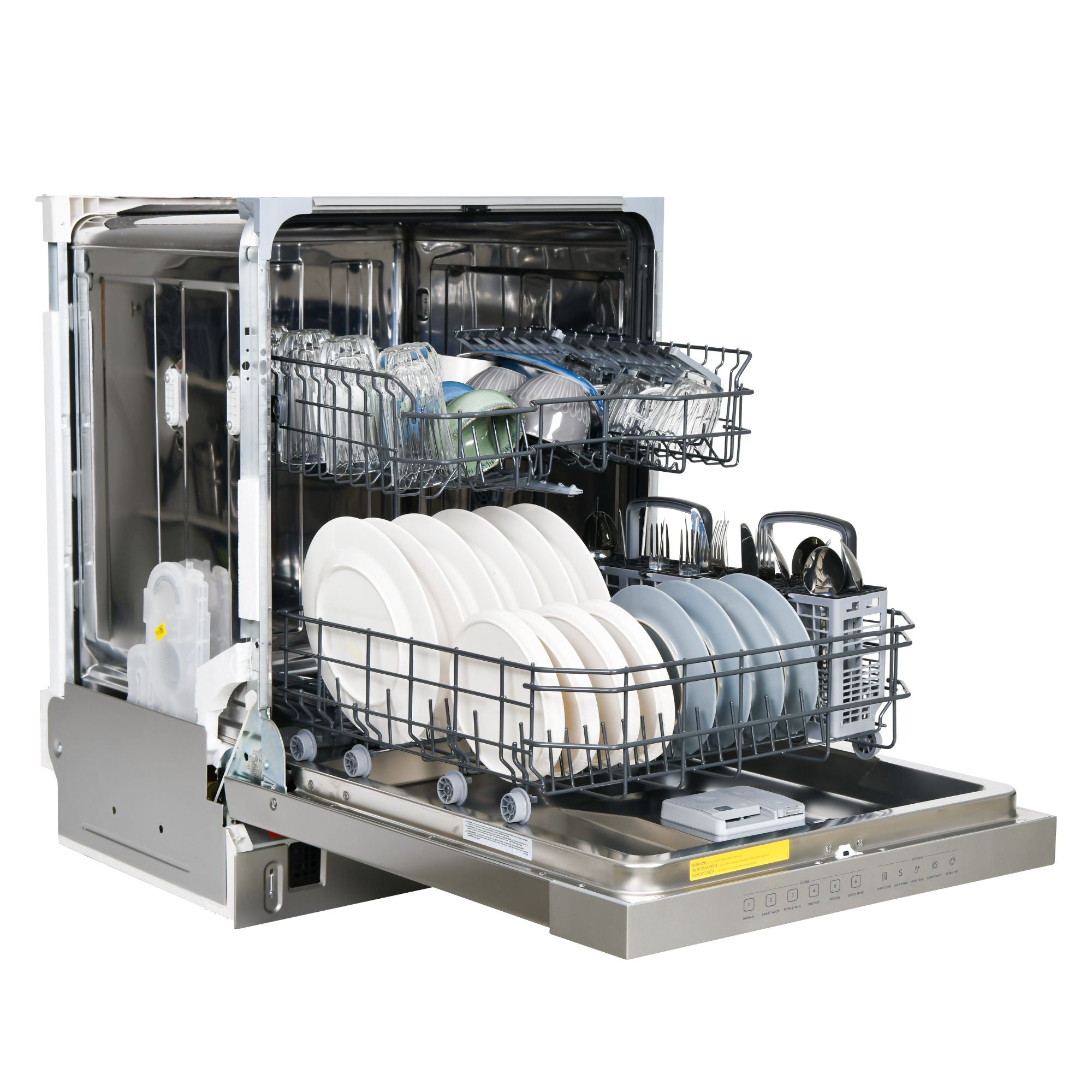 Side view of Kenmore dishwasher, open and filled with clean dishes, on a white background