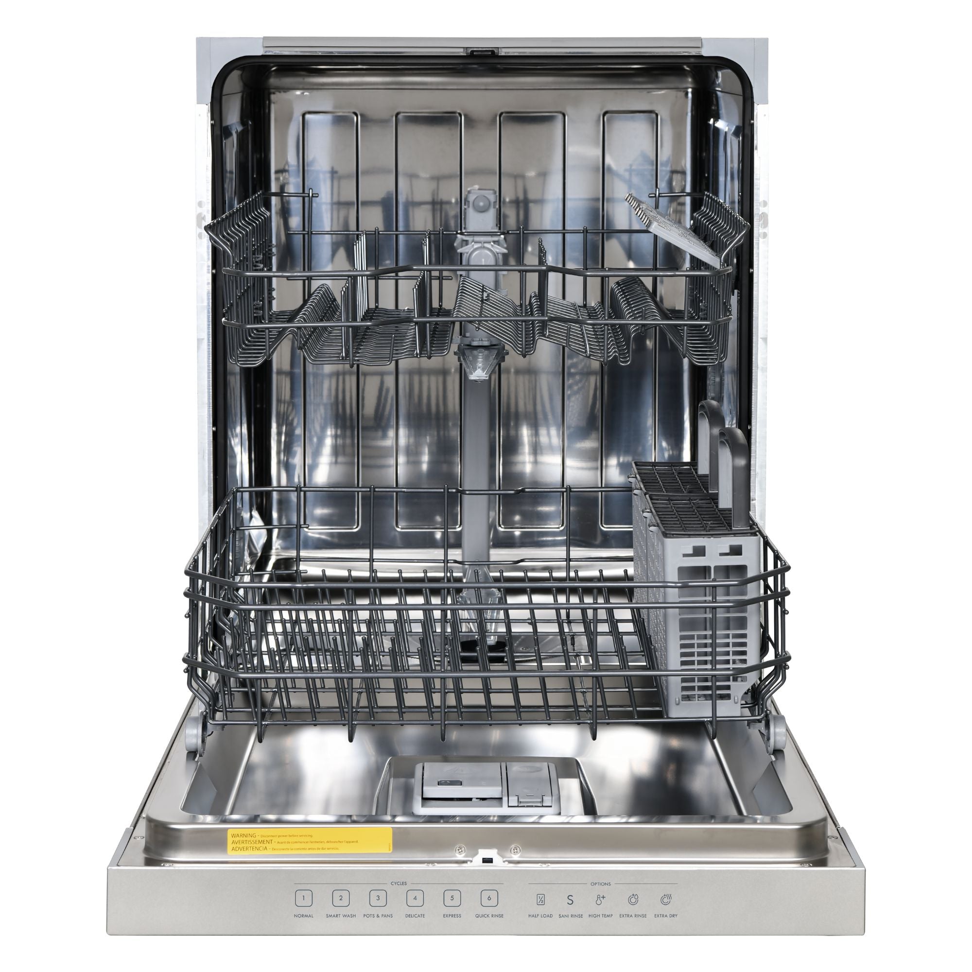 Kenmore stainless steel dishwasher, open and empty, on a white background