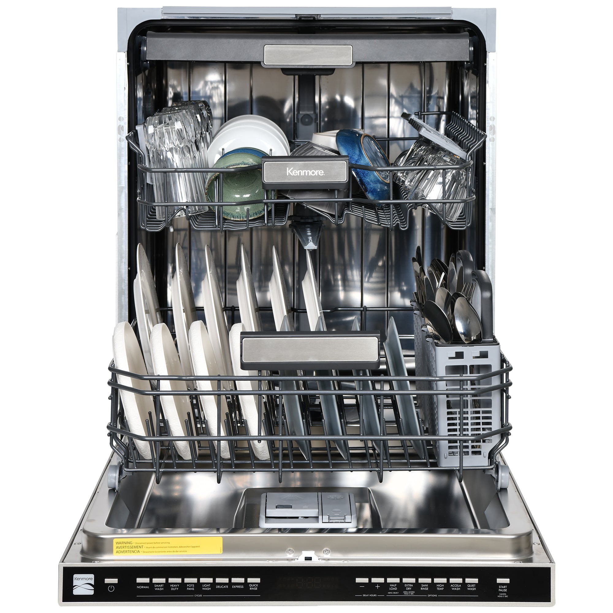 Kenmore stainless steel dishwasher, open and filled with clean dishes, on a white background