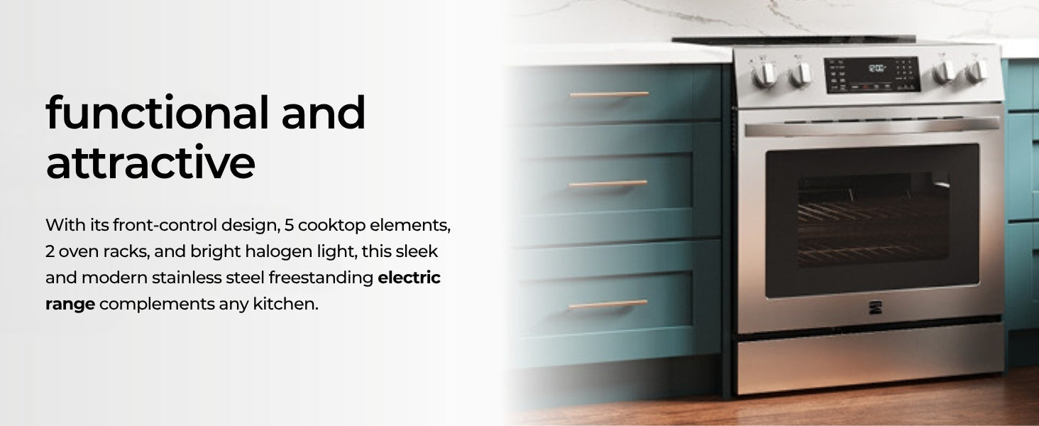 Kenmore stainless steel electric range in a teal kitchen with text overlay describing features