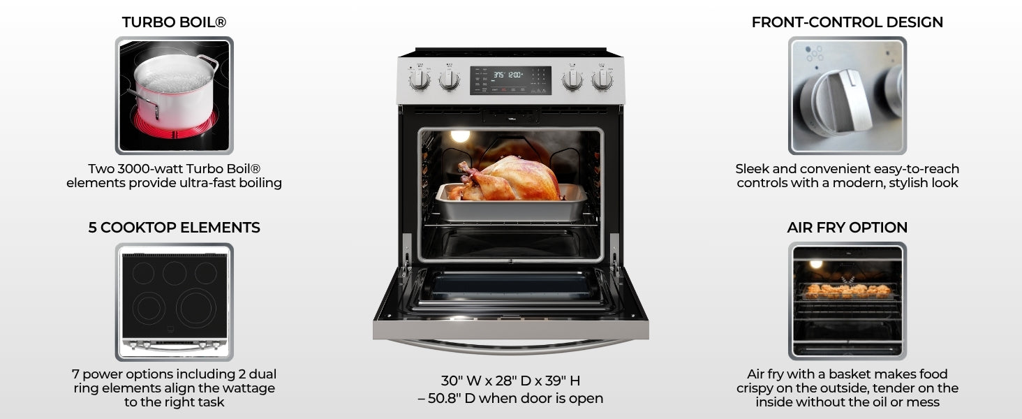 Kenmore stainless steel electric range with closeup images and text describing features