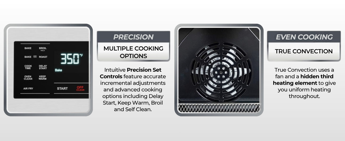 Closeup images and text describing features of the Kenmore stainless steel electric range