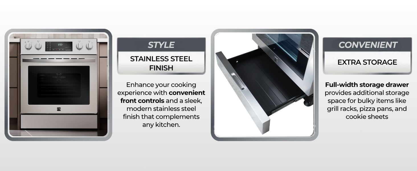 Closeup images and text describing features of the Kenmore stainless steel electric range