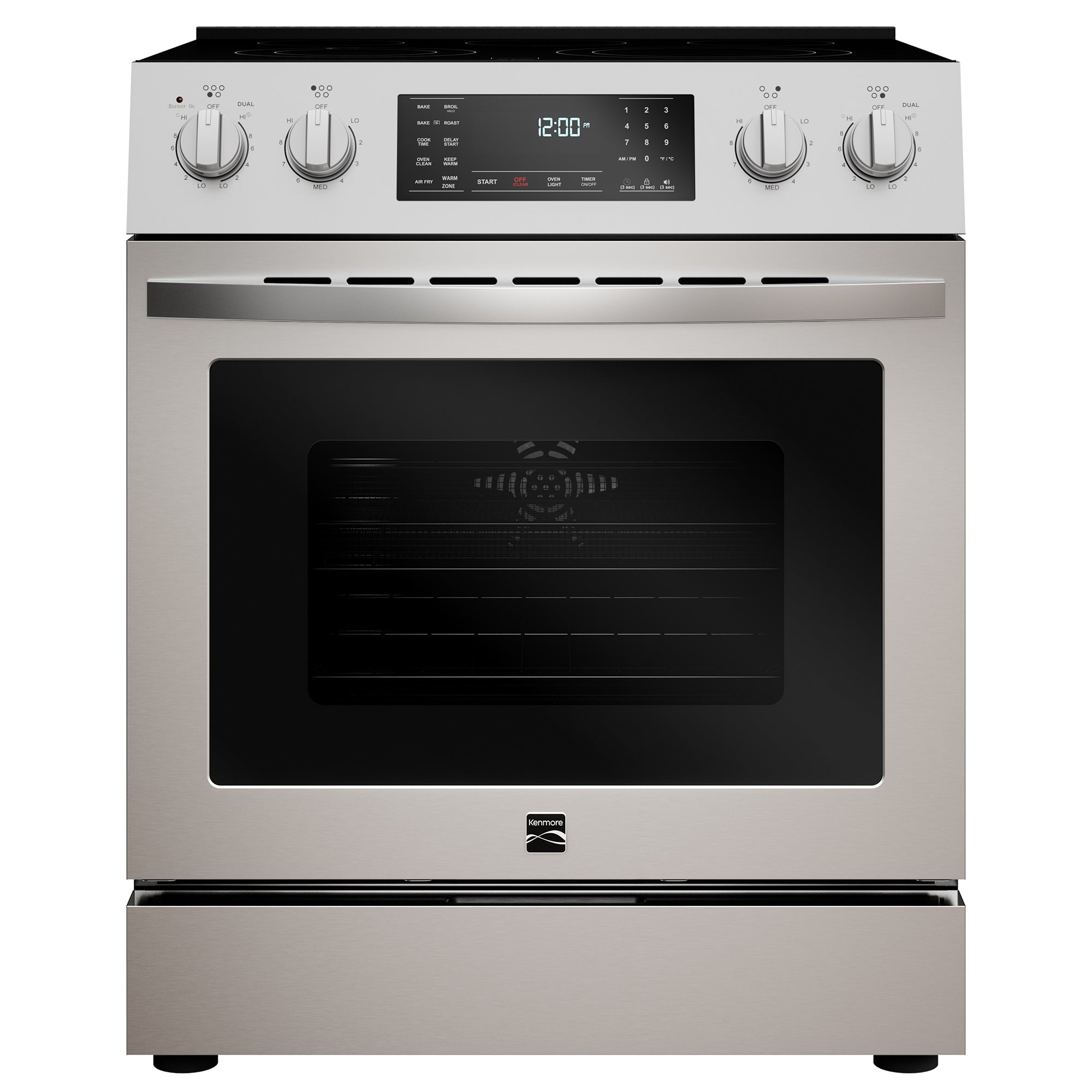 Kenmore stainless steel electric range, closed, on a white background