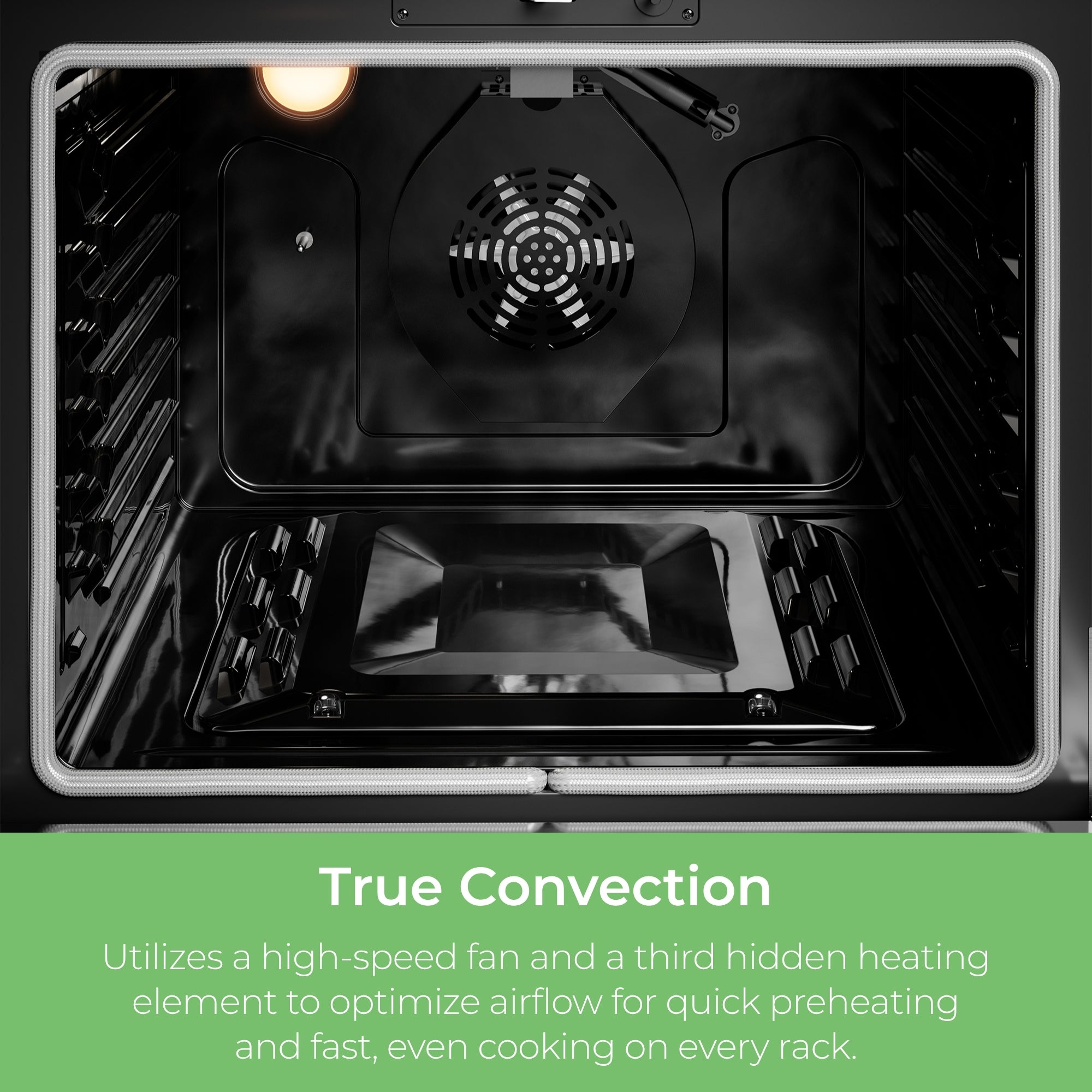 Closeup of the interior of the Kenmore stainless steel electric range with the light on. Text below reads, "True Convection: Utilizes a high-speed fan and a third hidden heating element to optimize airflow for quick preheating and fast, even cooking on every rack."