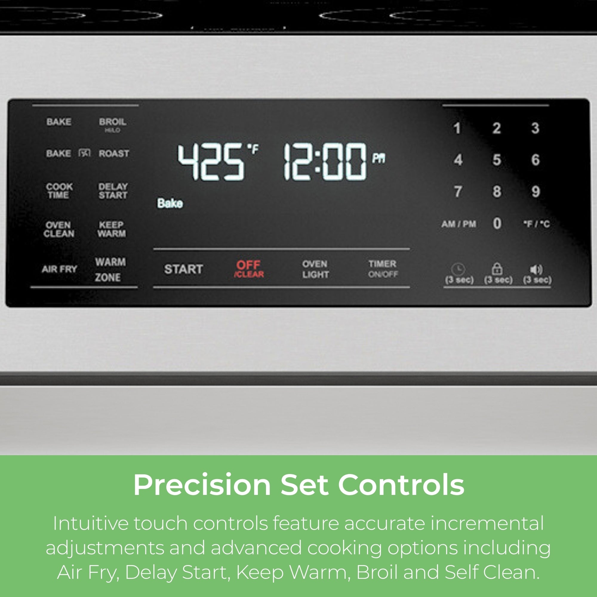 Closeup of the control panel and knobs on the Kenmore stainless steel electric range. Text below reads, "Precision Set Controls: Intuitive touch controls feature accurate incremental adjustments and advanced cooking options including Air Fry, Delay Start, Keep Warm, Broil and Self Clean."