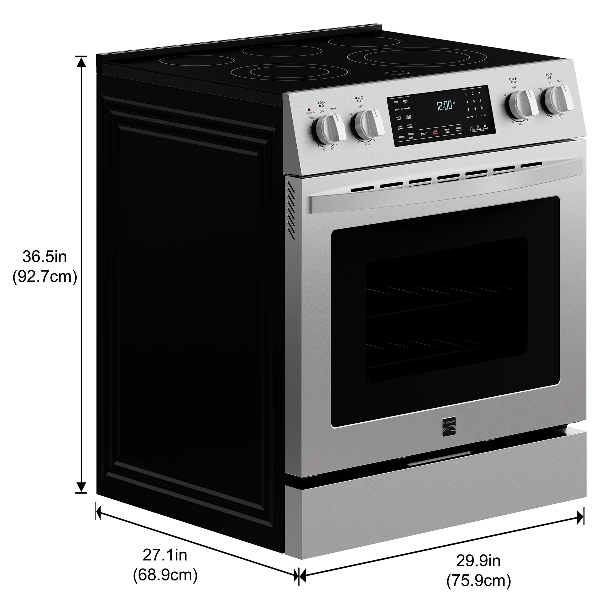 Kenmore stainless steel electric range on a white background, with dimensions labeled