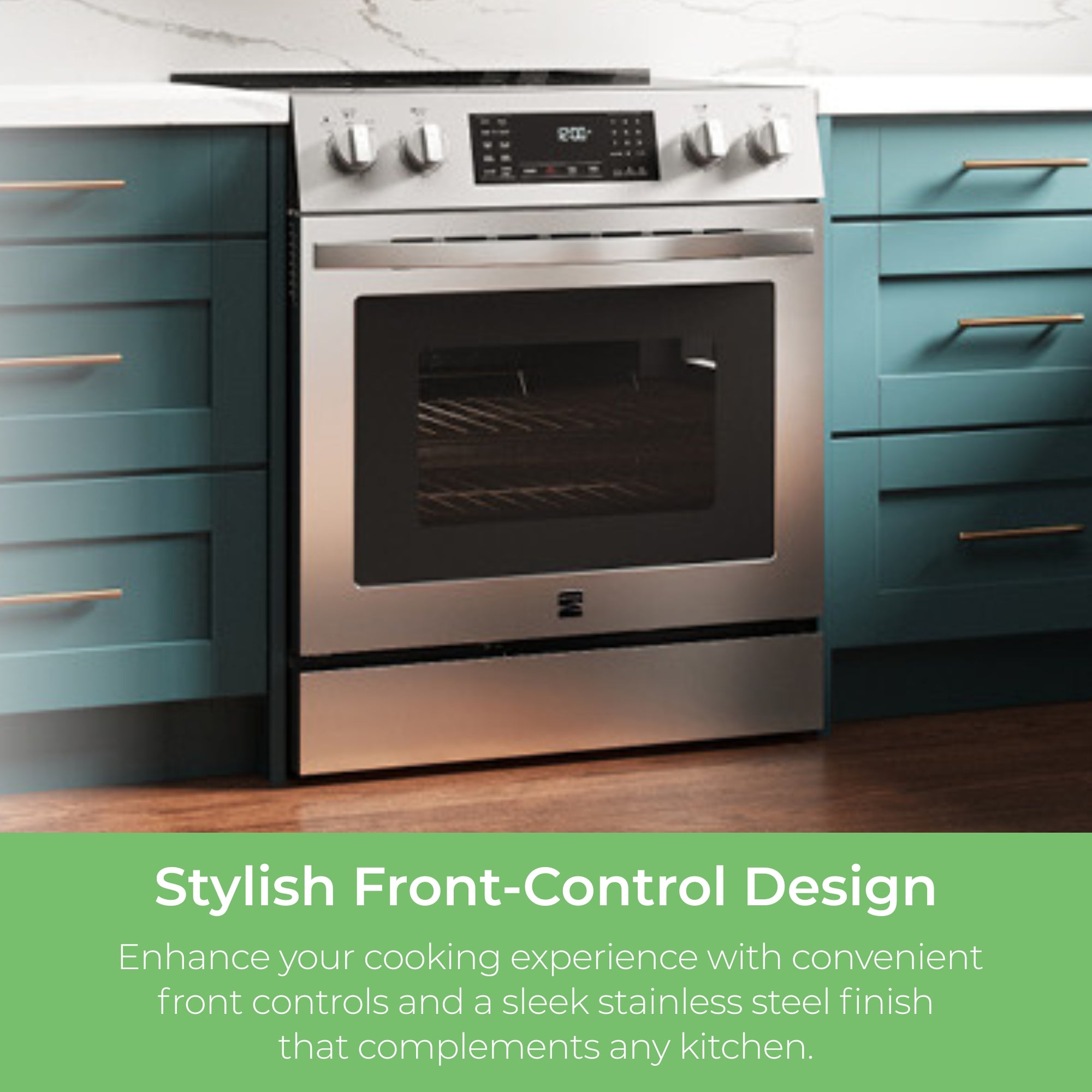 Kenmore stainless steel electric range installed between teal drawers. Text below reads, "Stylish Front-Control Design: Enhance your cooking experience with convenient front controls and a sleek stainless steel finish that complements any kitchen."