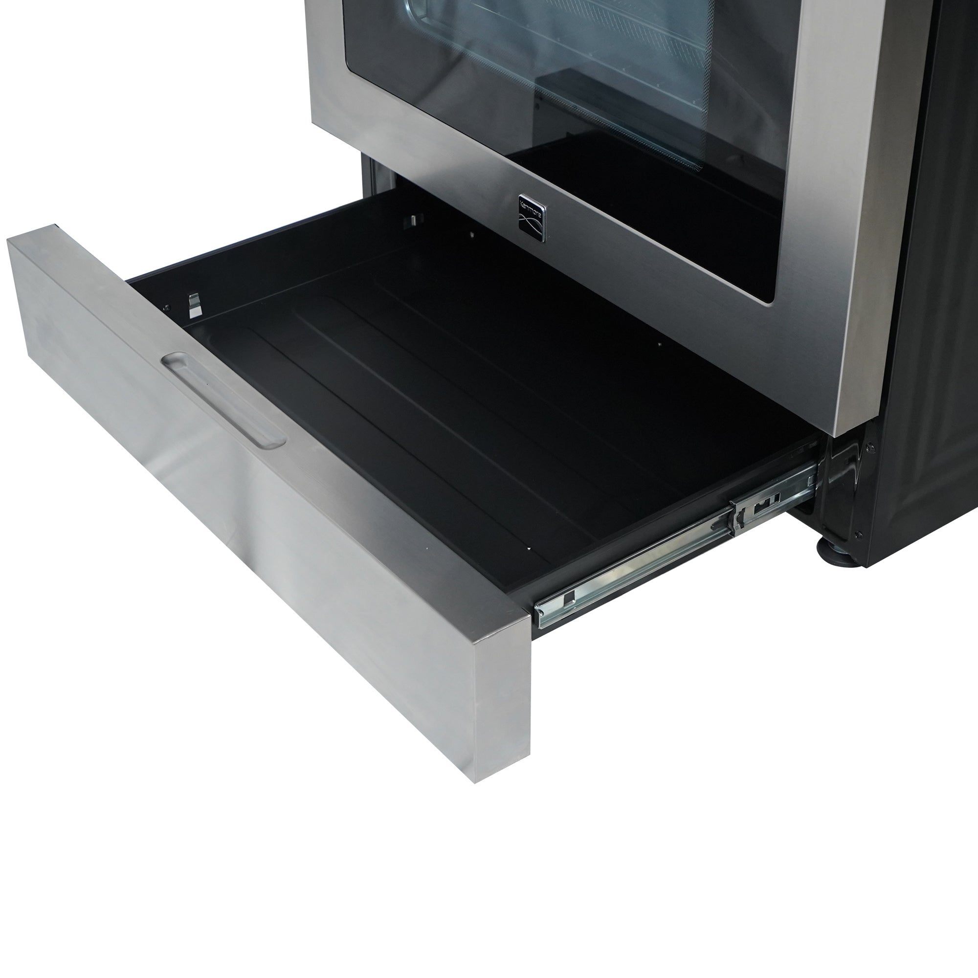 Closeup of the bottom portion of the Kenmore stainless steel electric range with the storage drawer pulled out