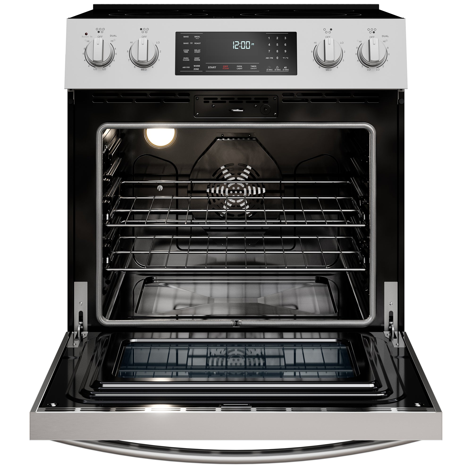 Kenmore stainless steel electric range, open, on a white background