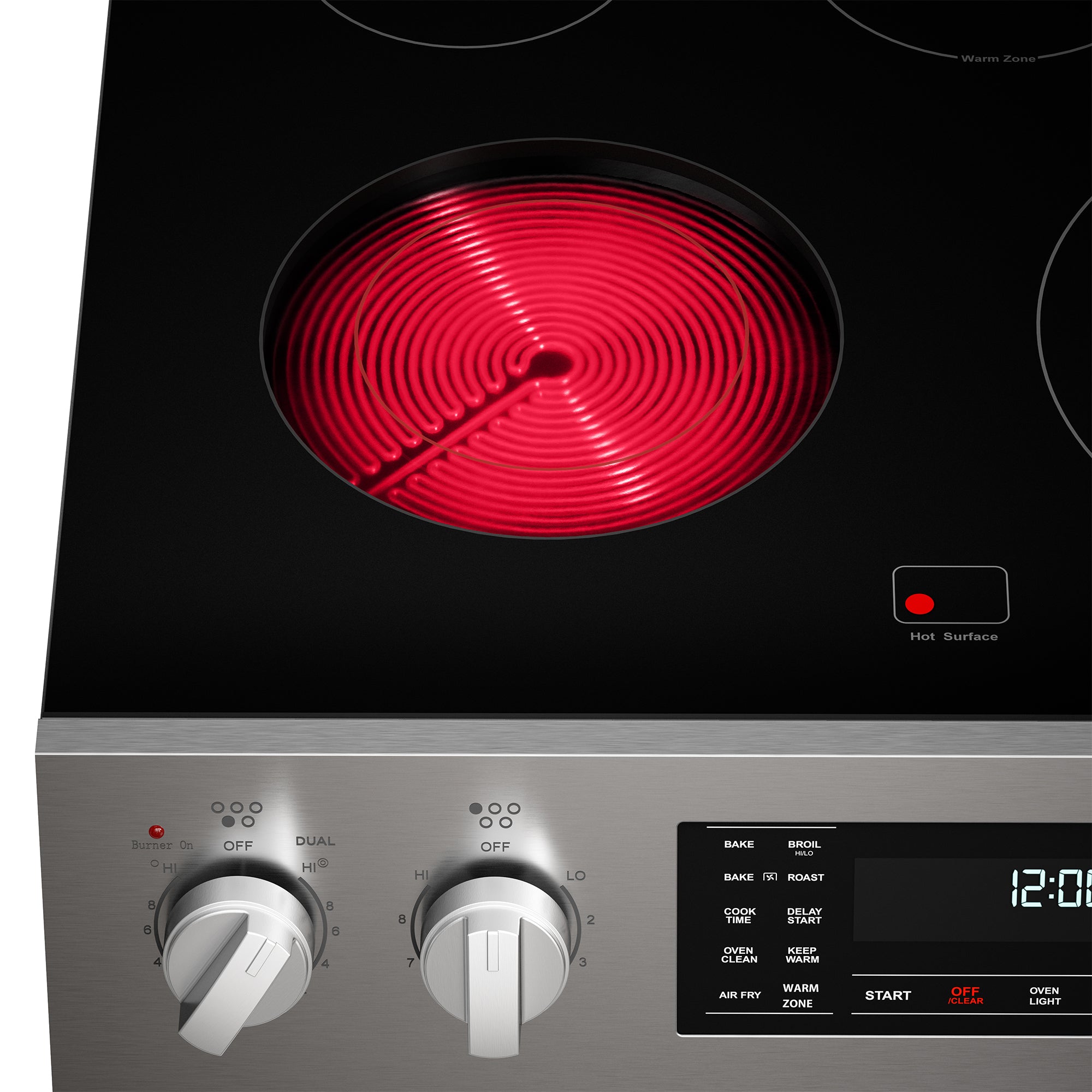 Closeup of a hot element glowing red on the Kenmore stainless steel electric range
