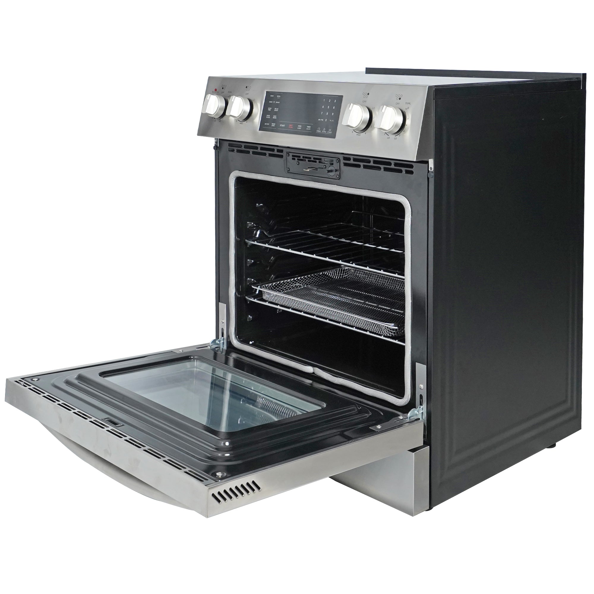 Kenmore stainless steel electric range, open, on a white background