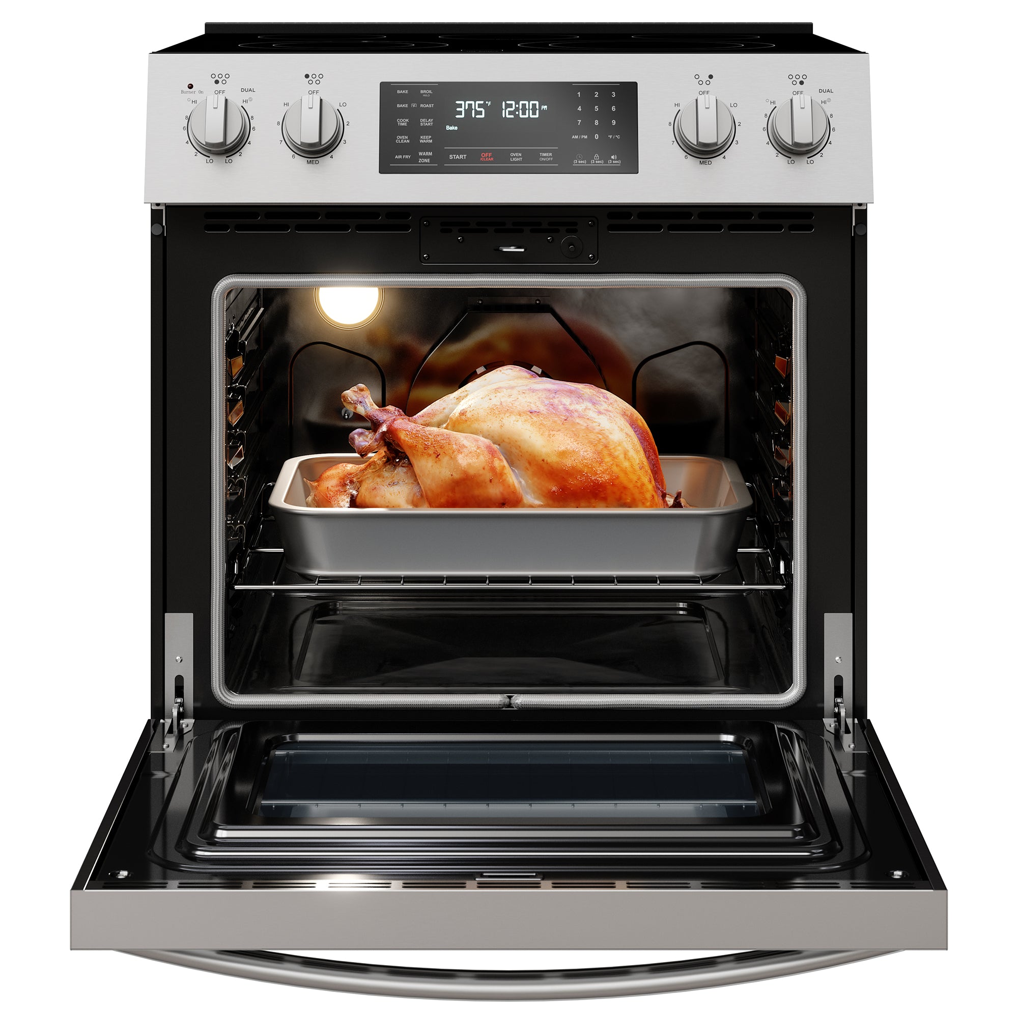 Kenmore stainless steel electric range open with a roast chicken inside