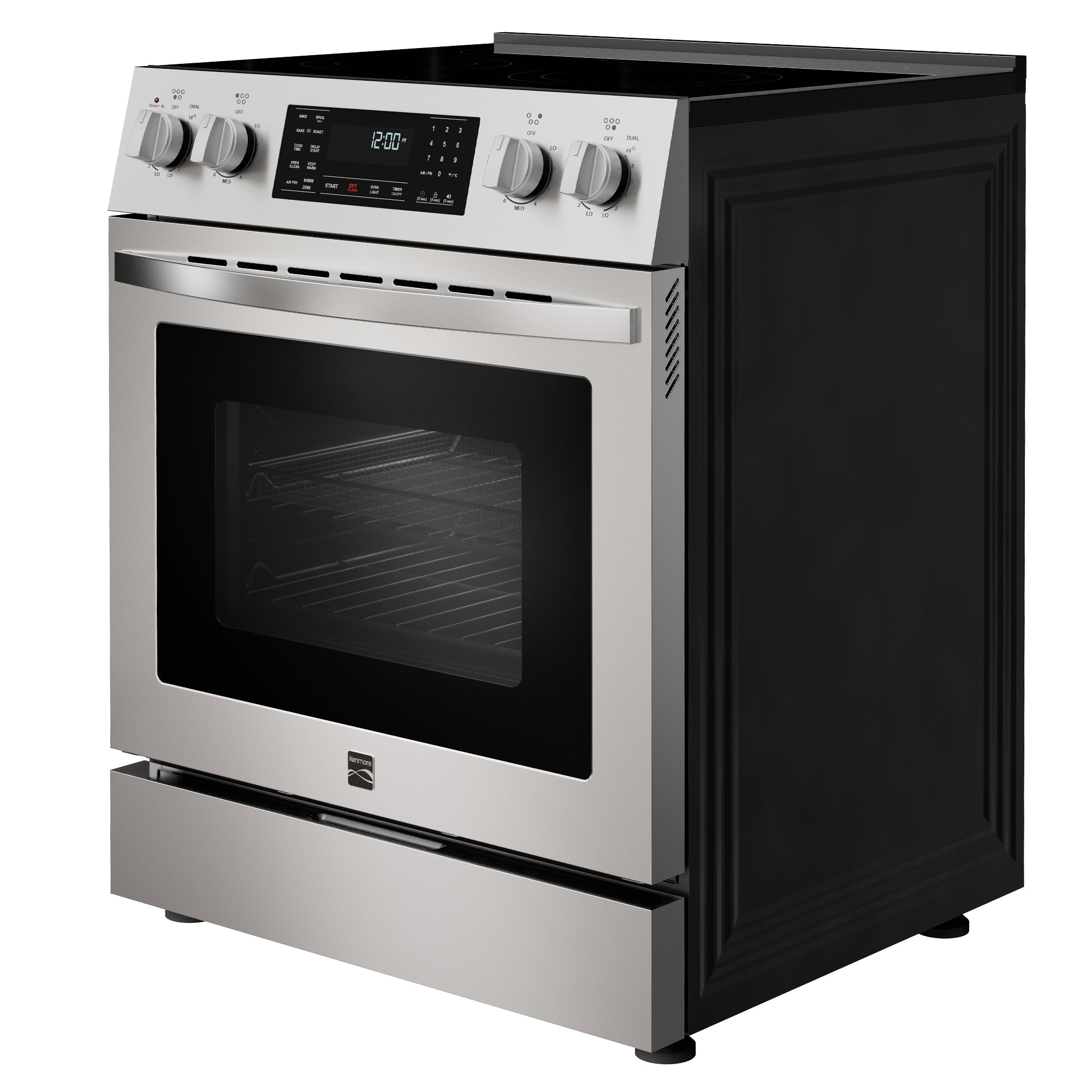 Kenmore stainless steel electric range, closed, on a white background