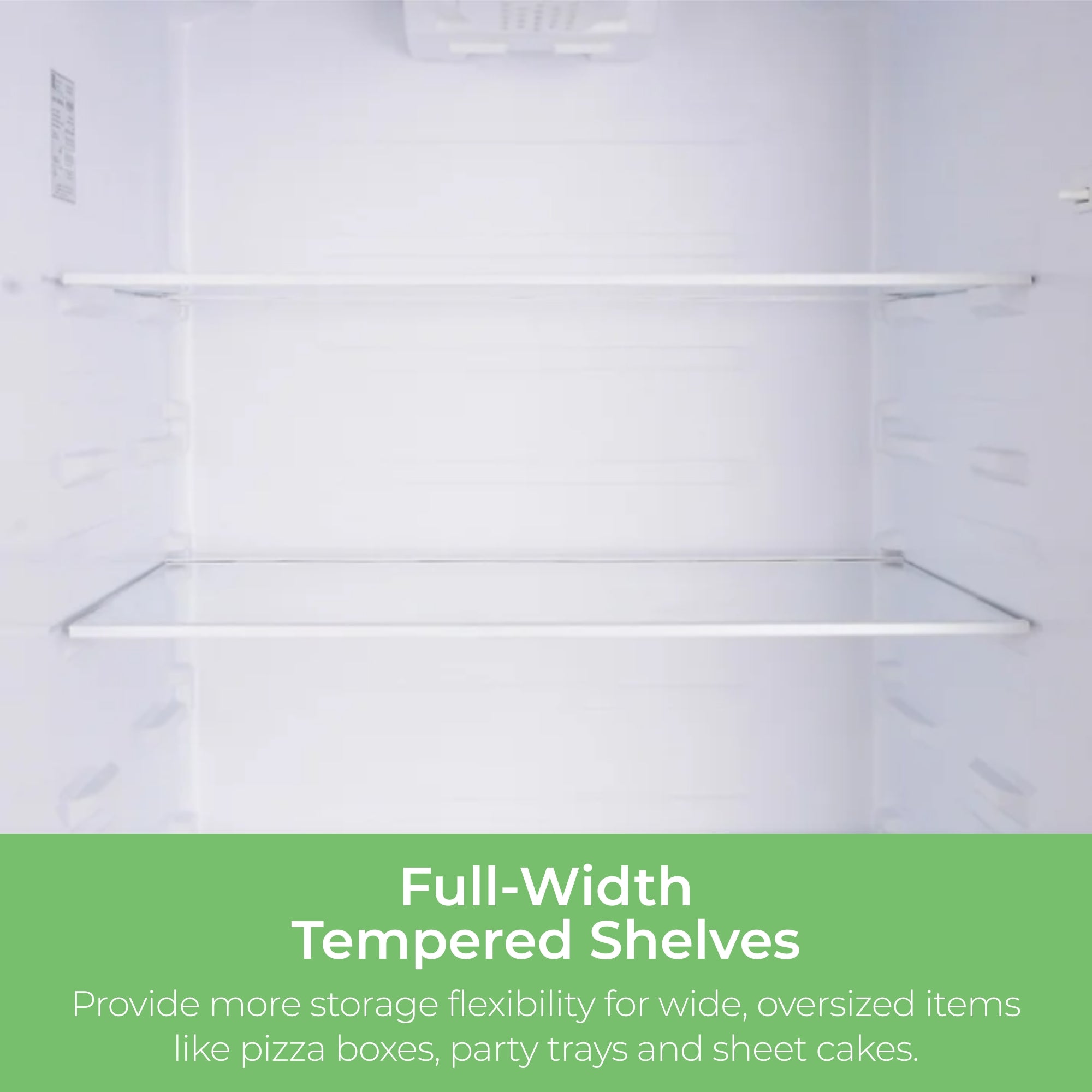 Closeup of inside the Kenmore stainless steel top mount refrigerator showing the tempered glass shelves. Text below reads, "Full-Width Tempered Shelves: Provide more storage flexibility for wide, oversized items like pizza boxes, party trays and sheet cakes."