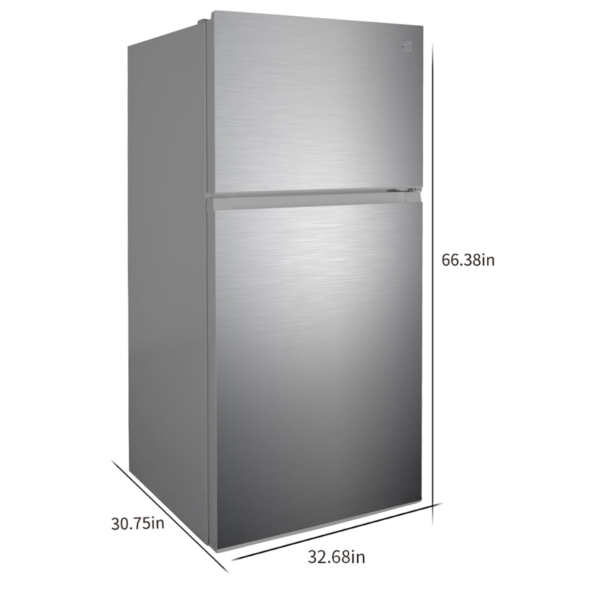 Kenmore stainless steel top mount refrigerator, closed, on a white background with dimensions labeled