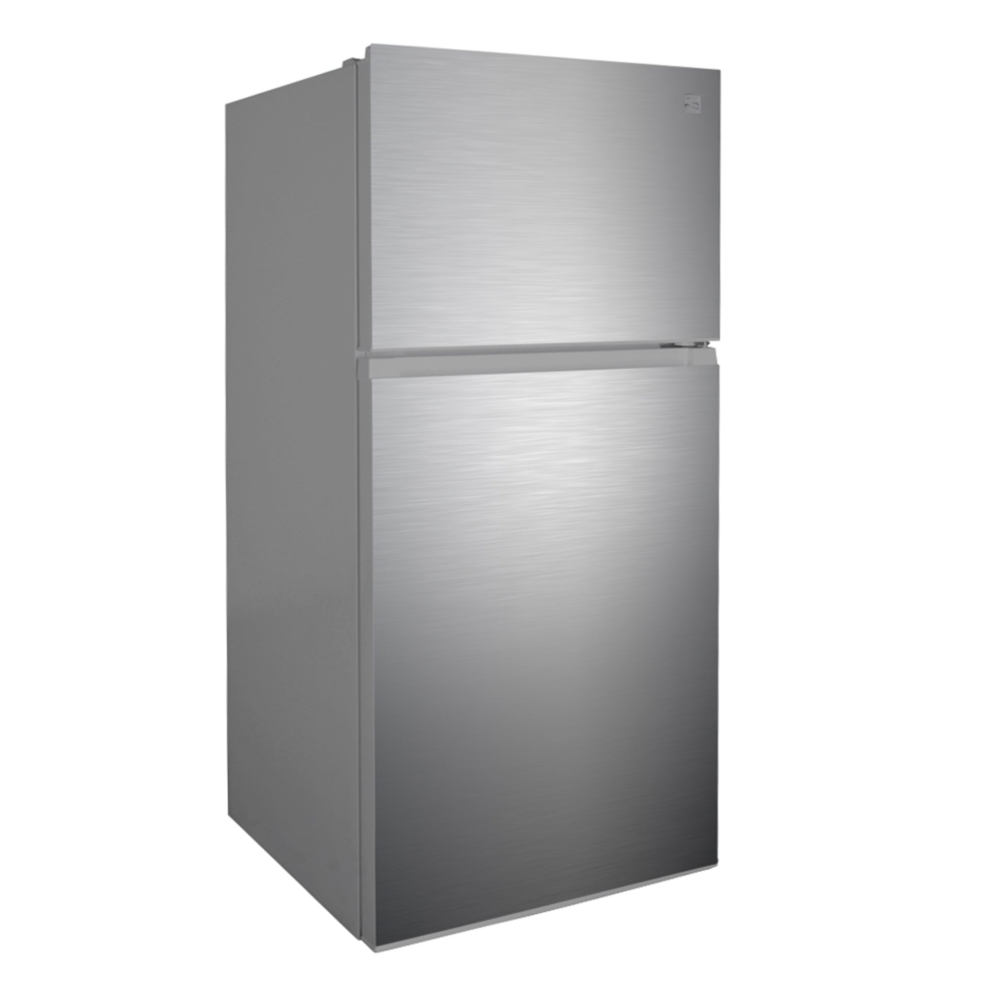 Kenmore stainless steel top mount refrigerator, closed, on a white background