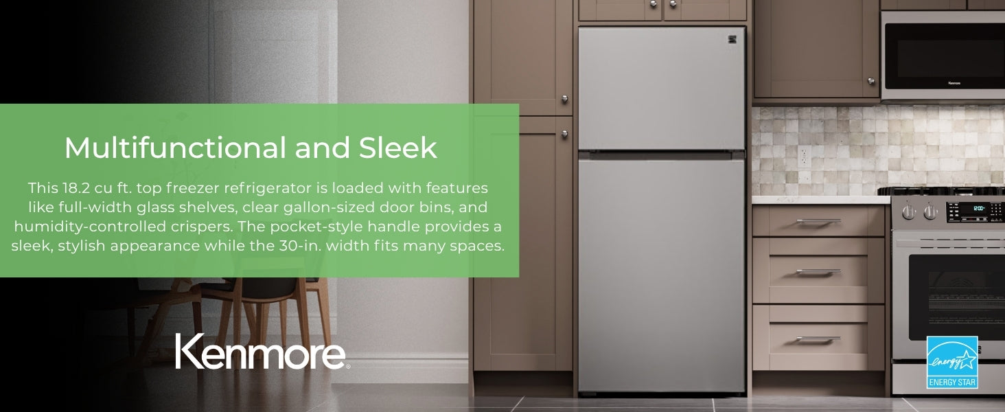 Kenmore stainless steel top mount refrigerator in a beige kitchen with text overlay describing features