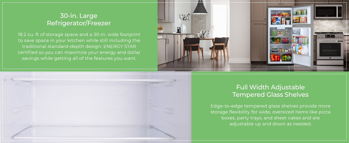 Closeup images and text descriptions of features of Kenmore stainless steel top mount refrigerator