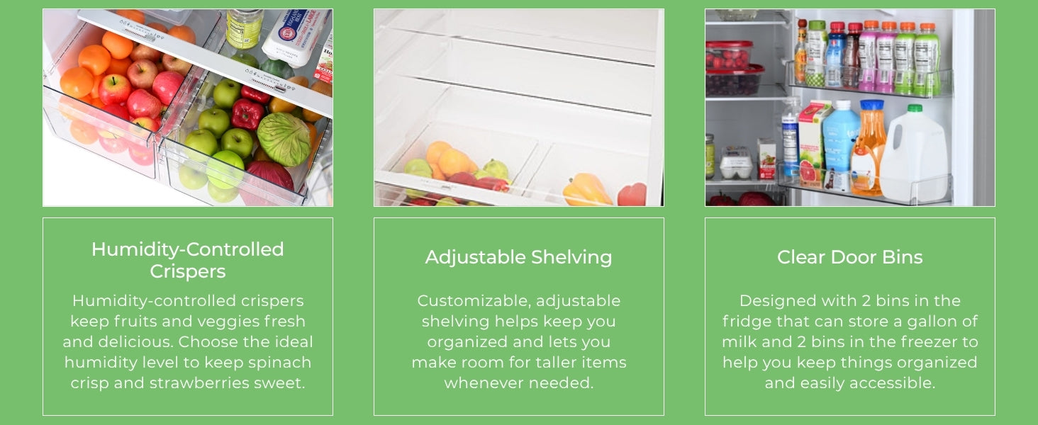 Closeup images and text descriptions of features of Kenmore stainless steel top mount refrigerator
