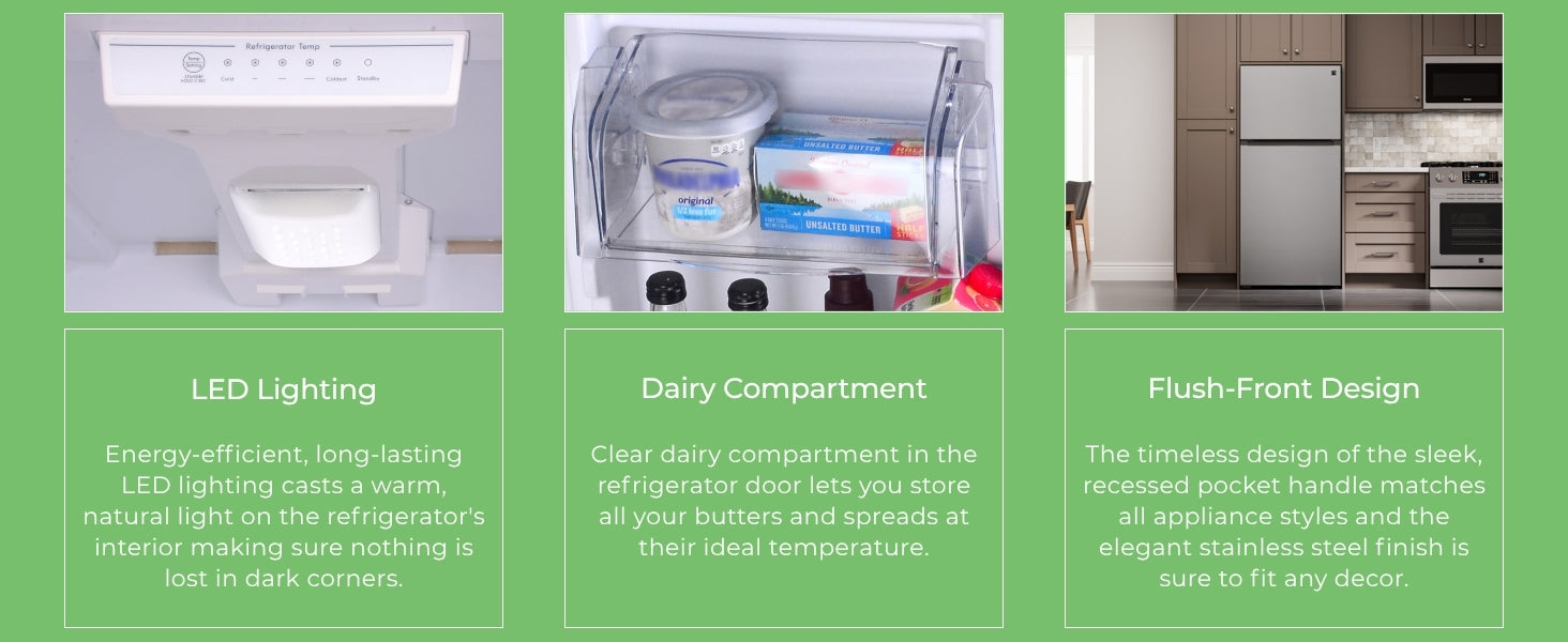 Closeup images and text descriptions of features of Kenmore stainless steel top mount refrigerator