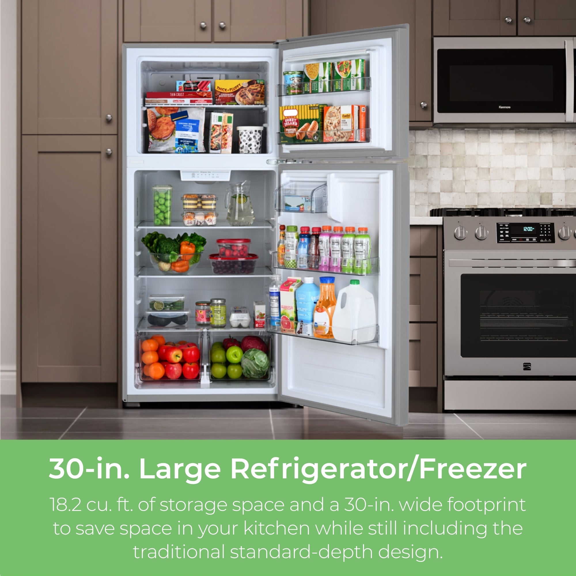 Kenmore stainless steel top mount refrigerator, open and filled with food, in a beige kitchen. Text below reads, "30-in. Large Refrigerator/Freezer: 18.2 cu. ft. of storage space and a 30-in. wide footprint to save space in your kitchen while still including the traditional standard-depth design."