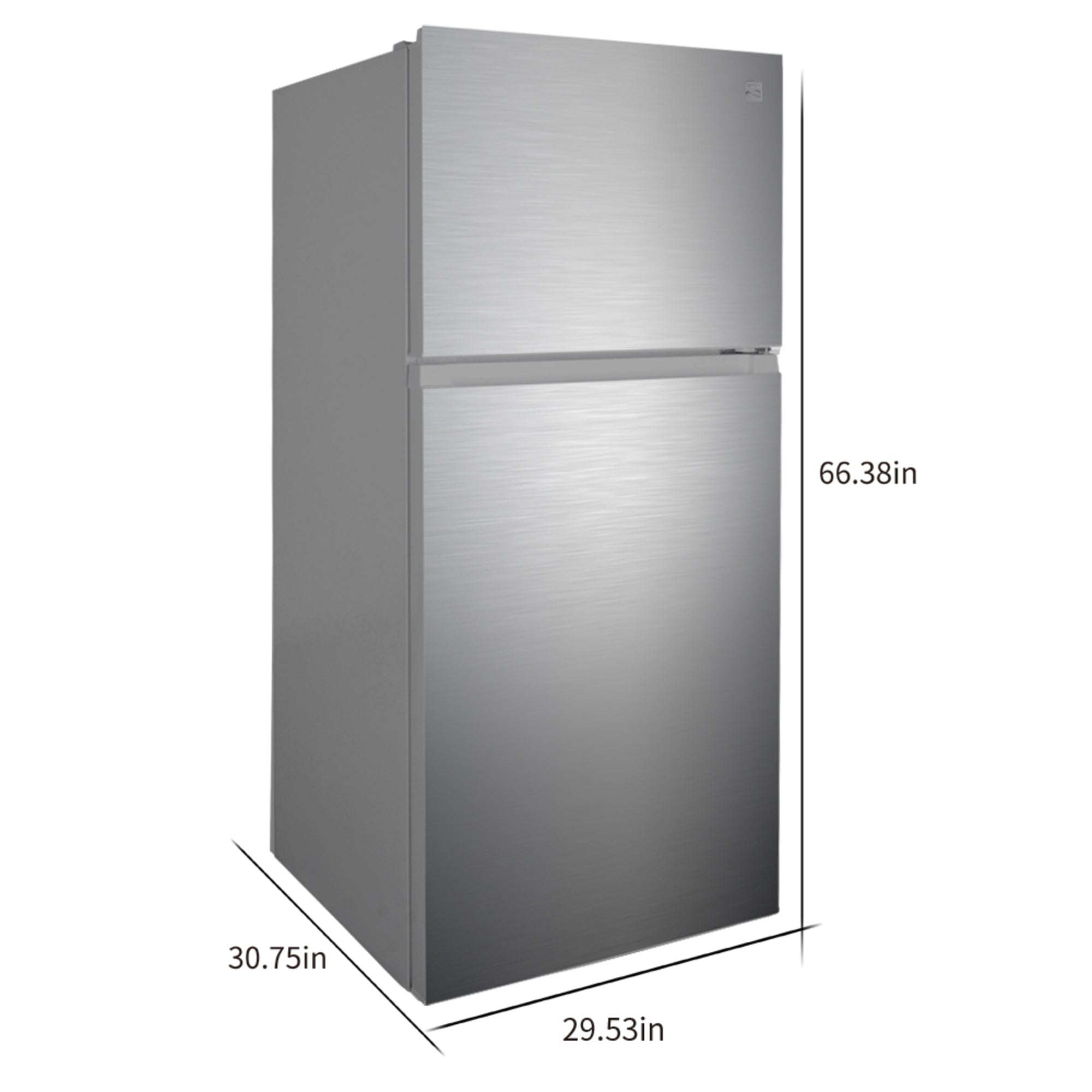 Kenmore stainless steel top mount refrigerator, closed, on a white background with dimensions labeled