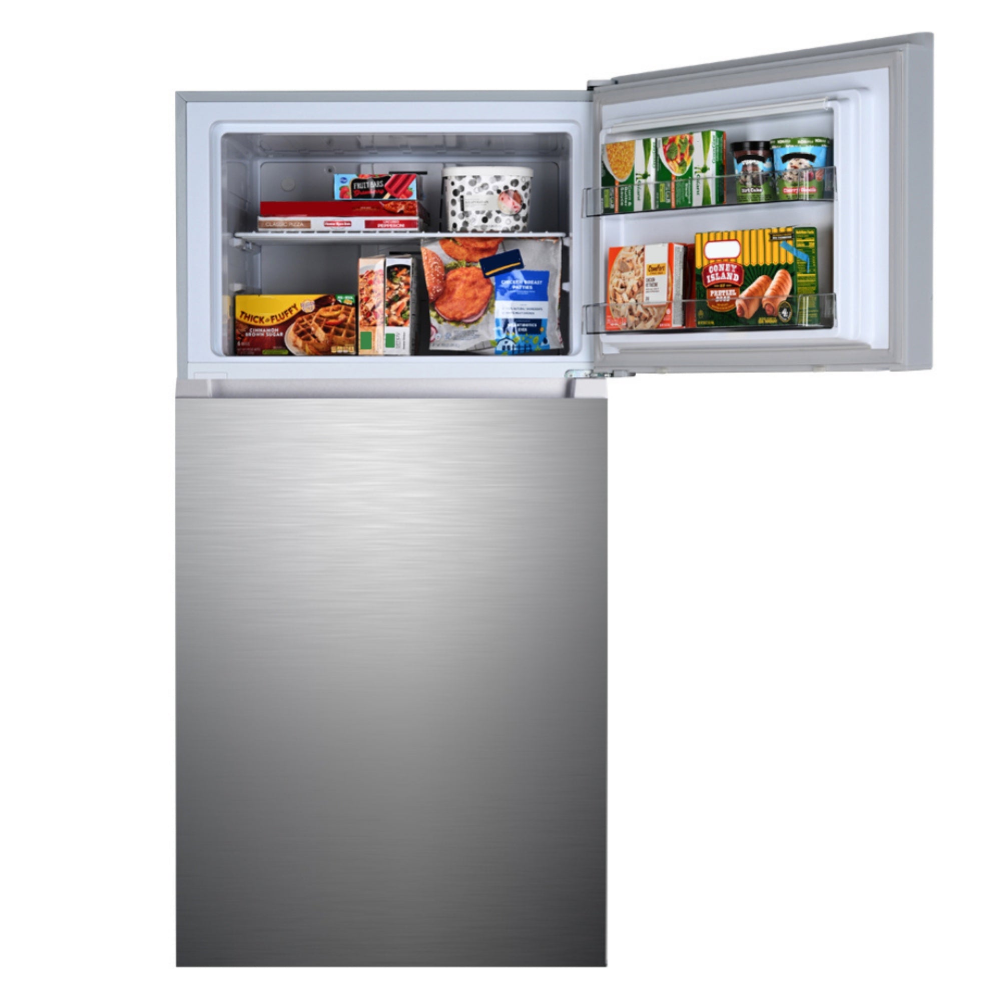 Kenmore stainless steel top mount refrigerator with the freezer open and filled with food on a white background