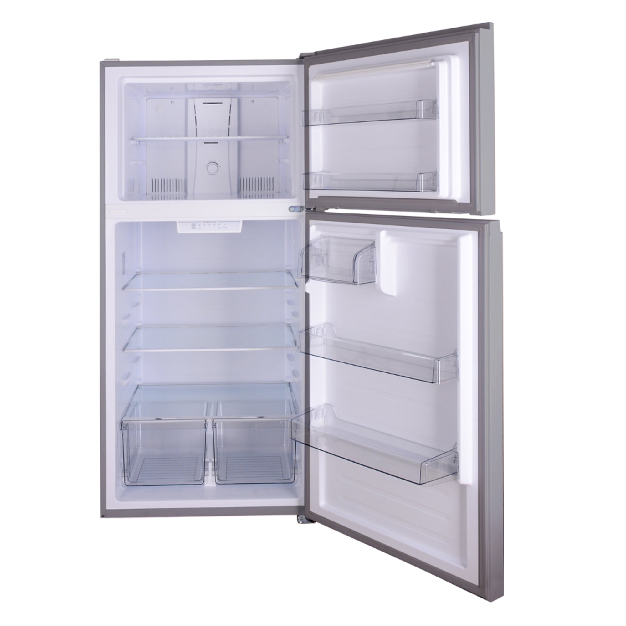 Kenmore stainless steel top mount refrigerator, open and empty, on a white background