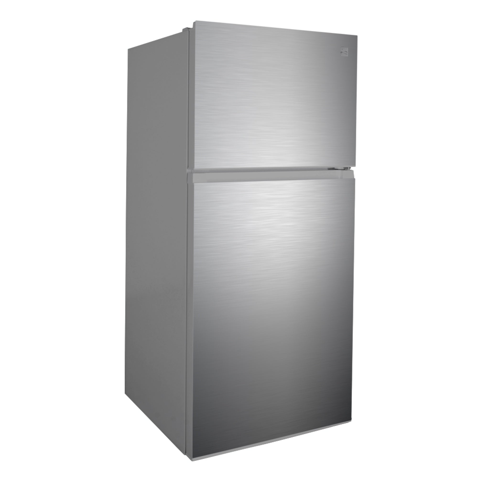 Kenmore stainless steel top mount refrigerator, closed, on a white background