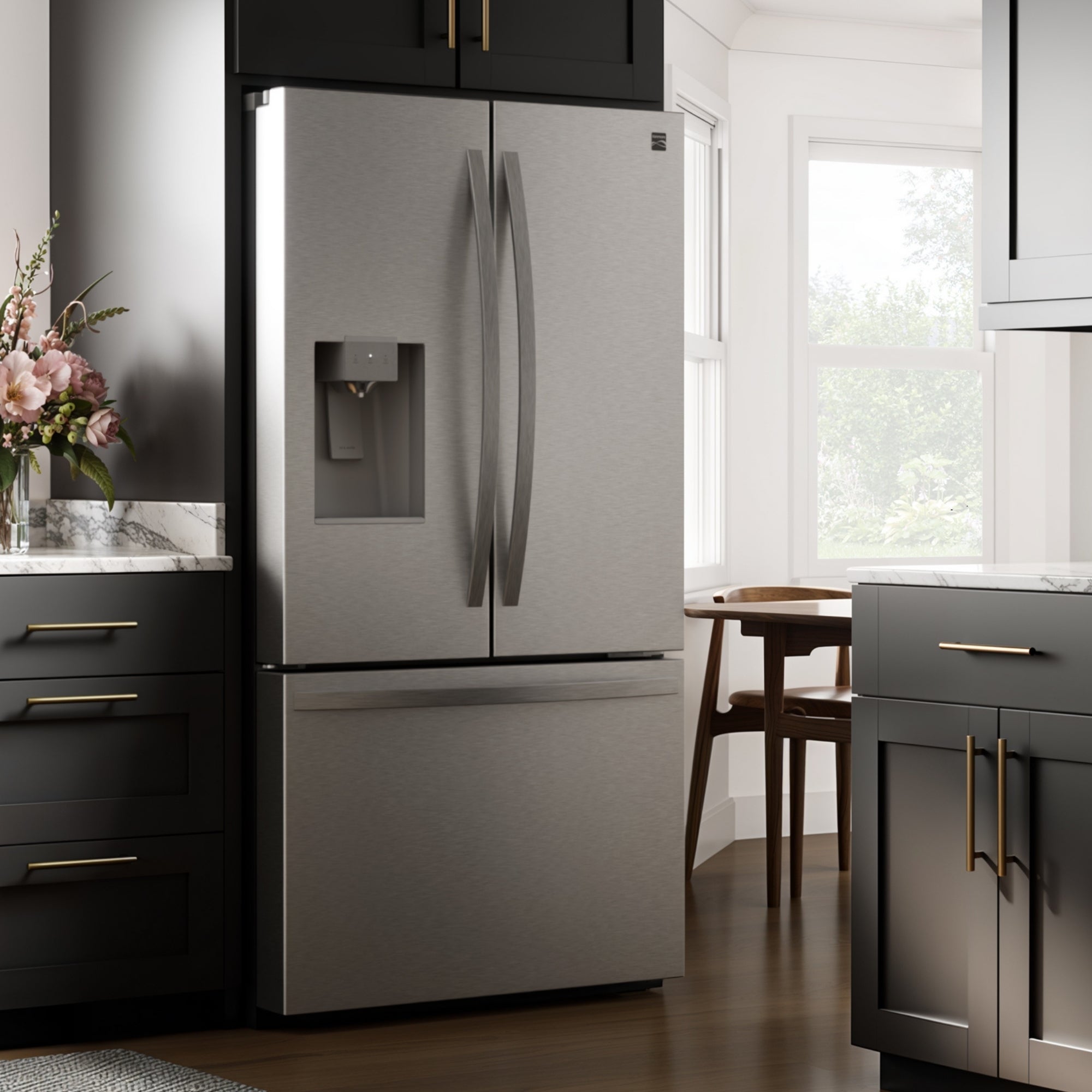 Kenmore stainless steel French door refrigerator installed in a dark brown kitchen