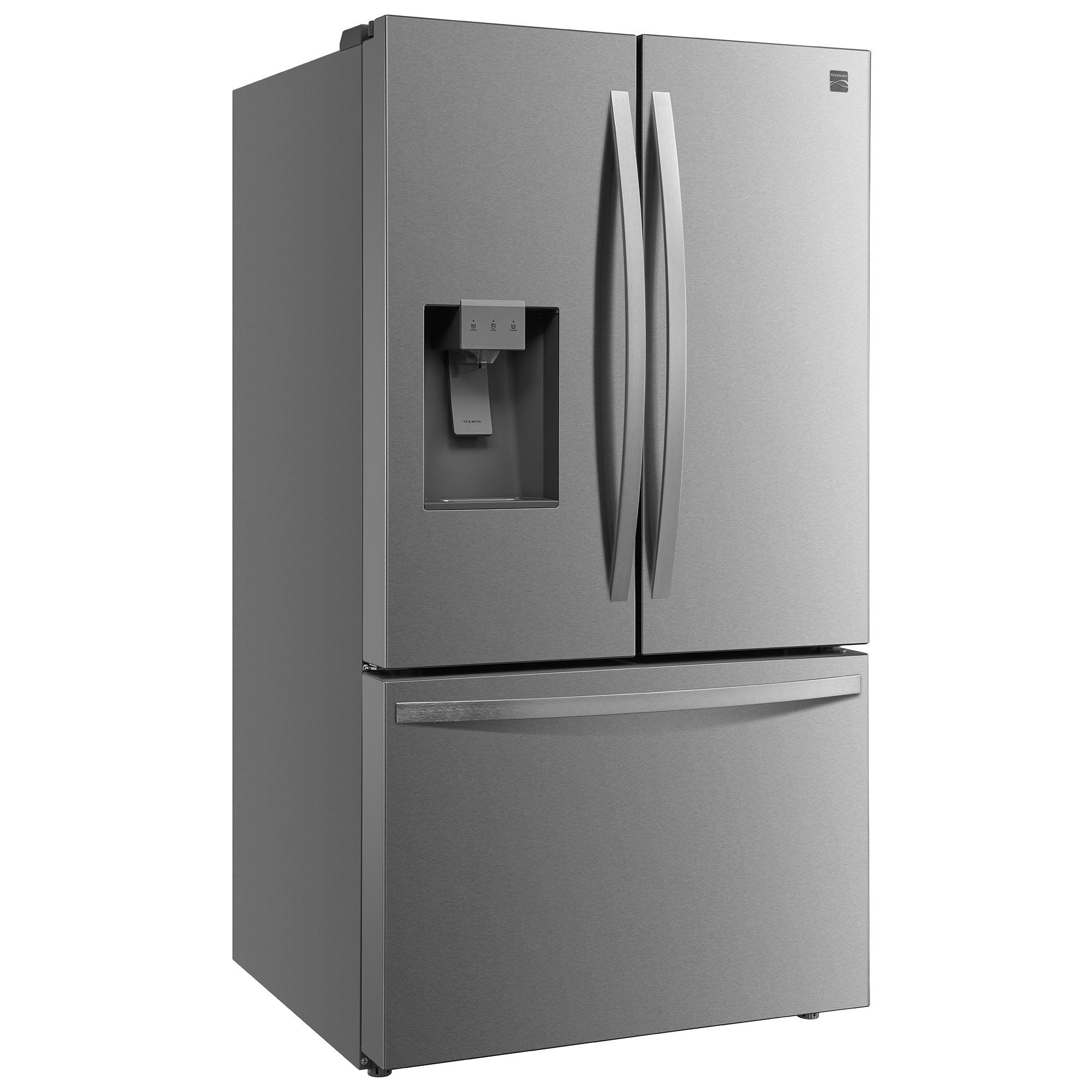 Kenmore stainless steel French door refrigerator, closed, on a white background