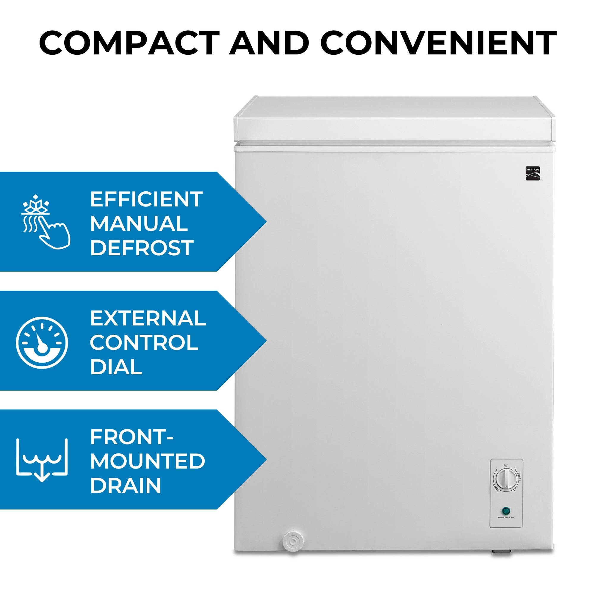 Kenmore chest-style convertible fridge freezer, closed, on a white background. Text above reads, "Compact and convenient," and text and icons beside describe features: Efficient manual defrost; external control dial; front-mounted drain.