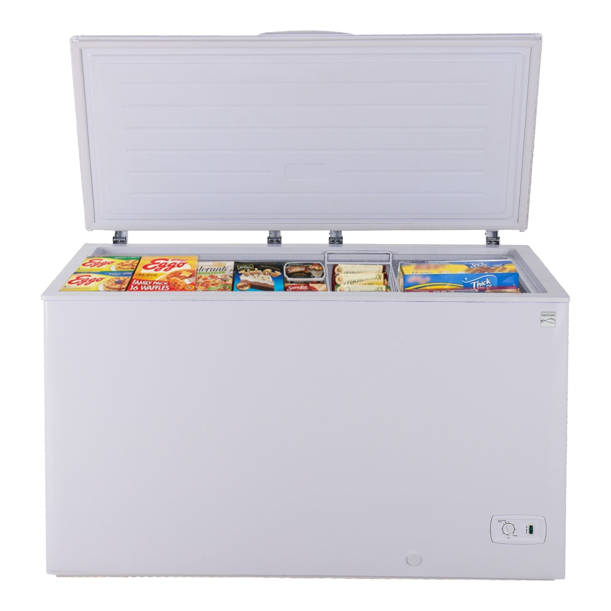 Kenmore chest freezer, open, on a white background