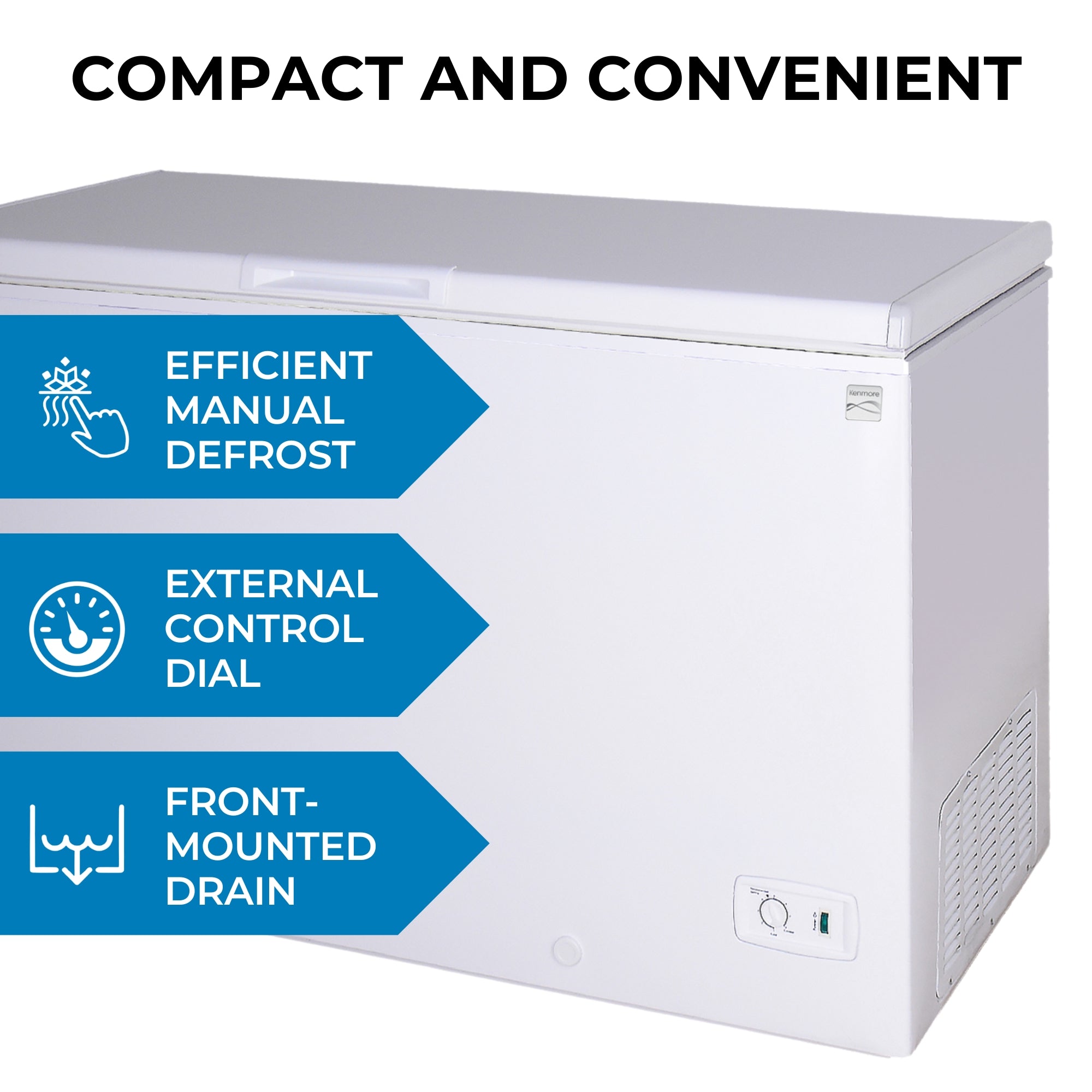 Kenmore chest-style freezer, closed, on a white background. Text above reads, "Compact and convenient," and text and icons beside describe features: Efficient manual defrost; external control dial; front-mounted drain.