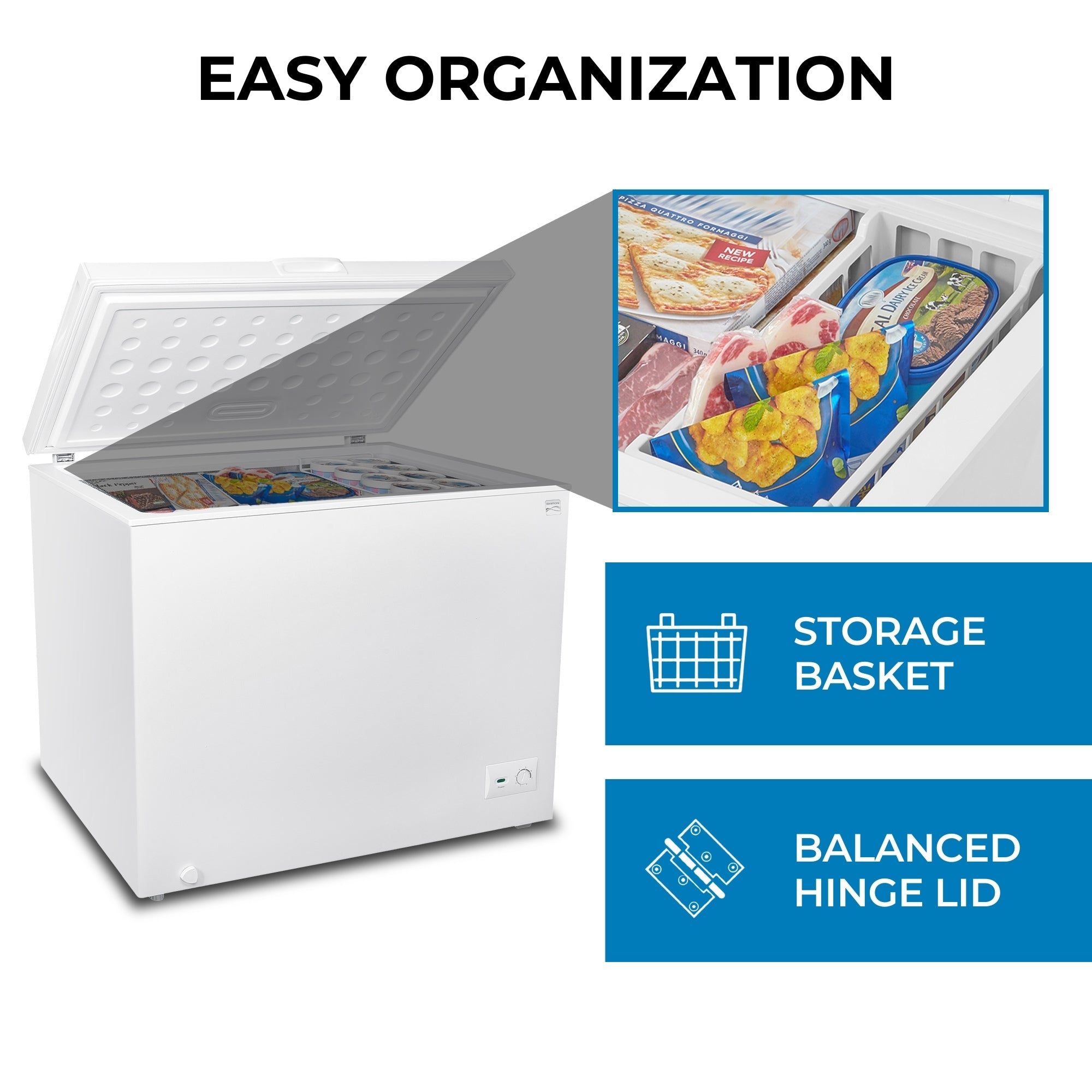 Kenmore deep freeze, open and filled with food items, on a white background with an inset closeup showing the storage basket. Text above reads, "Easy organization," and text and icons beside describe features: Storage basket; balanced hinge lid.