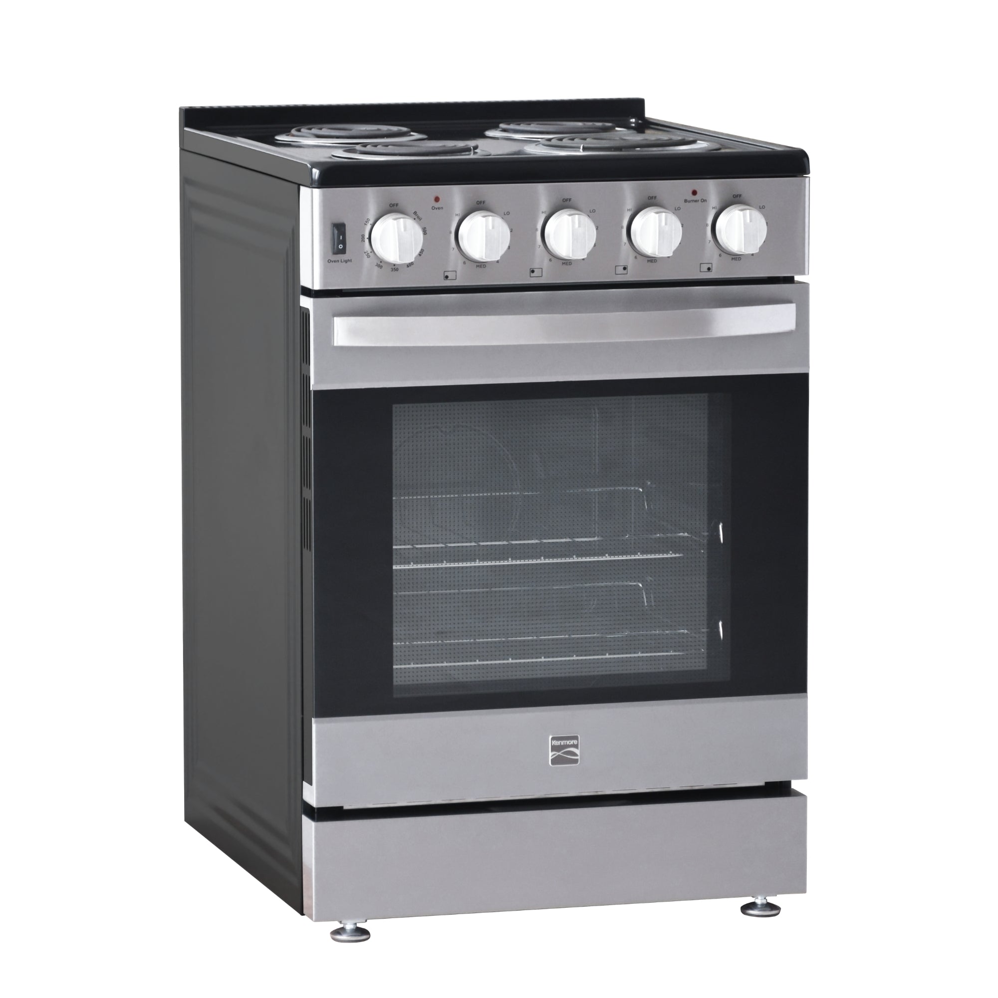 Two views of the Kenmore electric coil top range, one closed and one open, on a gray background