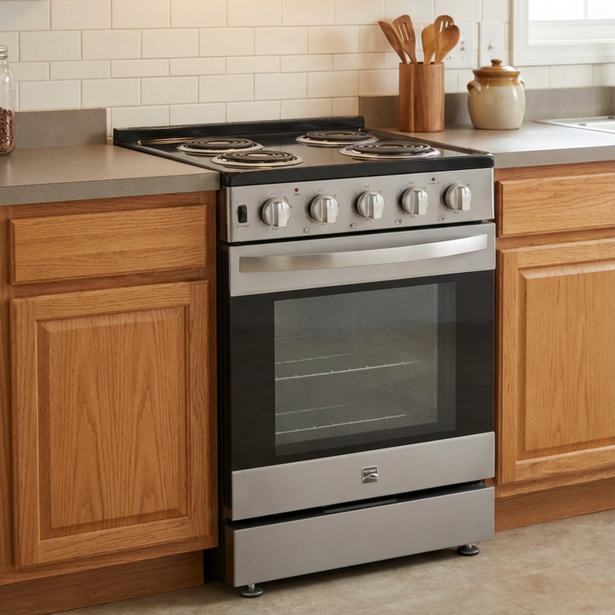 Kenmore electric coil top range installed between white cabinet