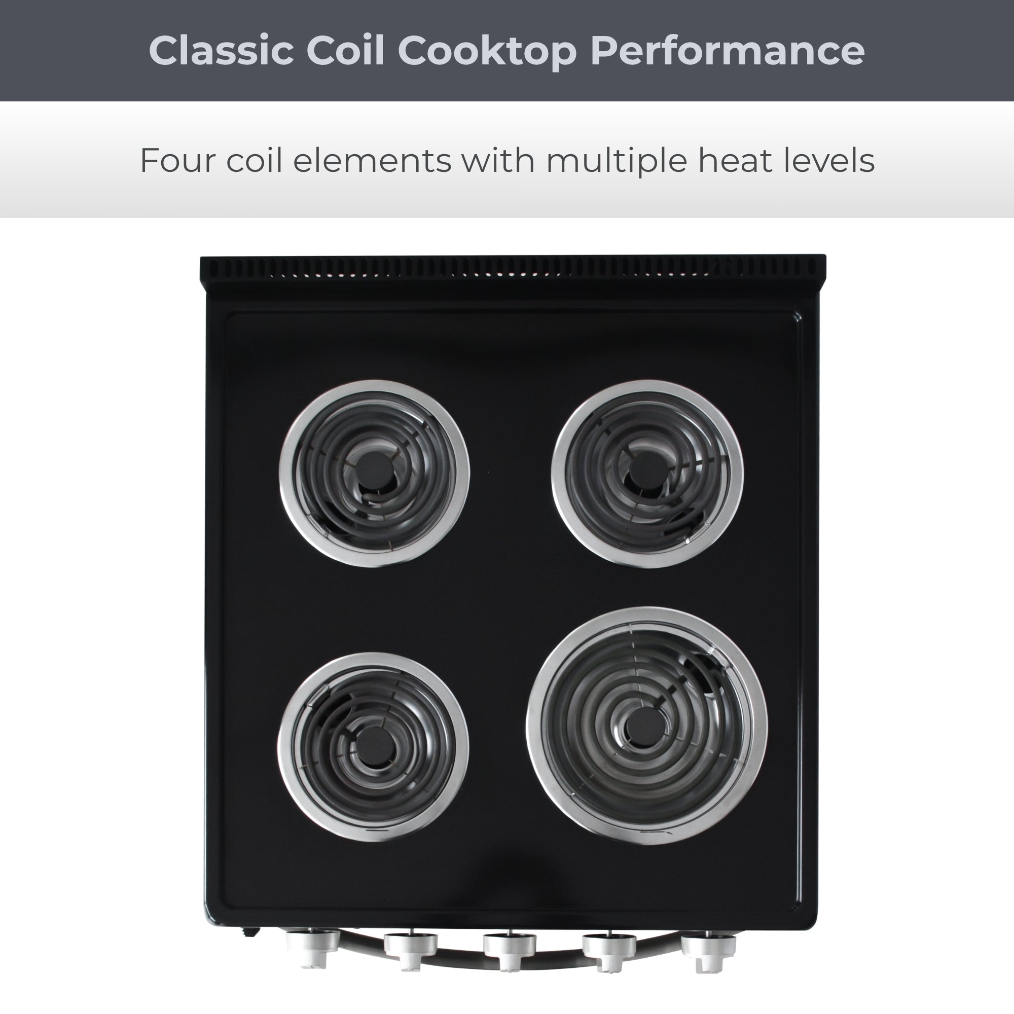 Top view of the Kenmore electric coil top range showing the 4 elements. Text above reads, "Classic coil cooktop performance: Four coil elements with multiple heat levels"