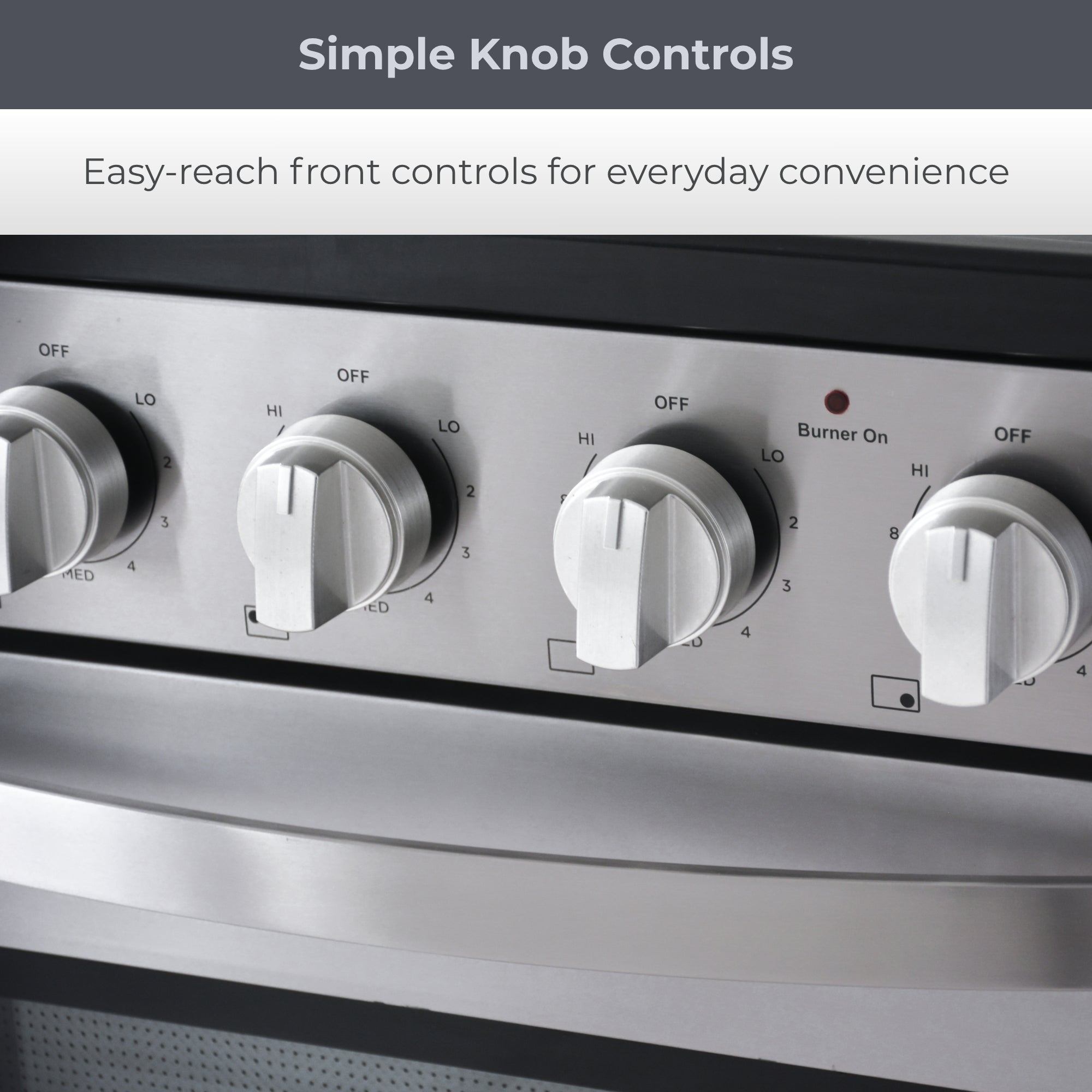Closeup of the knob controls on the front of the Kenmore electric coil top range. Text above reads, "Simple knob controls: Easy-reach front controls for everyday convenience."