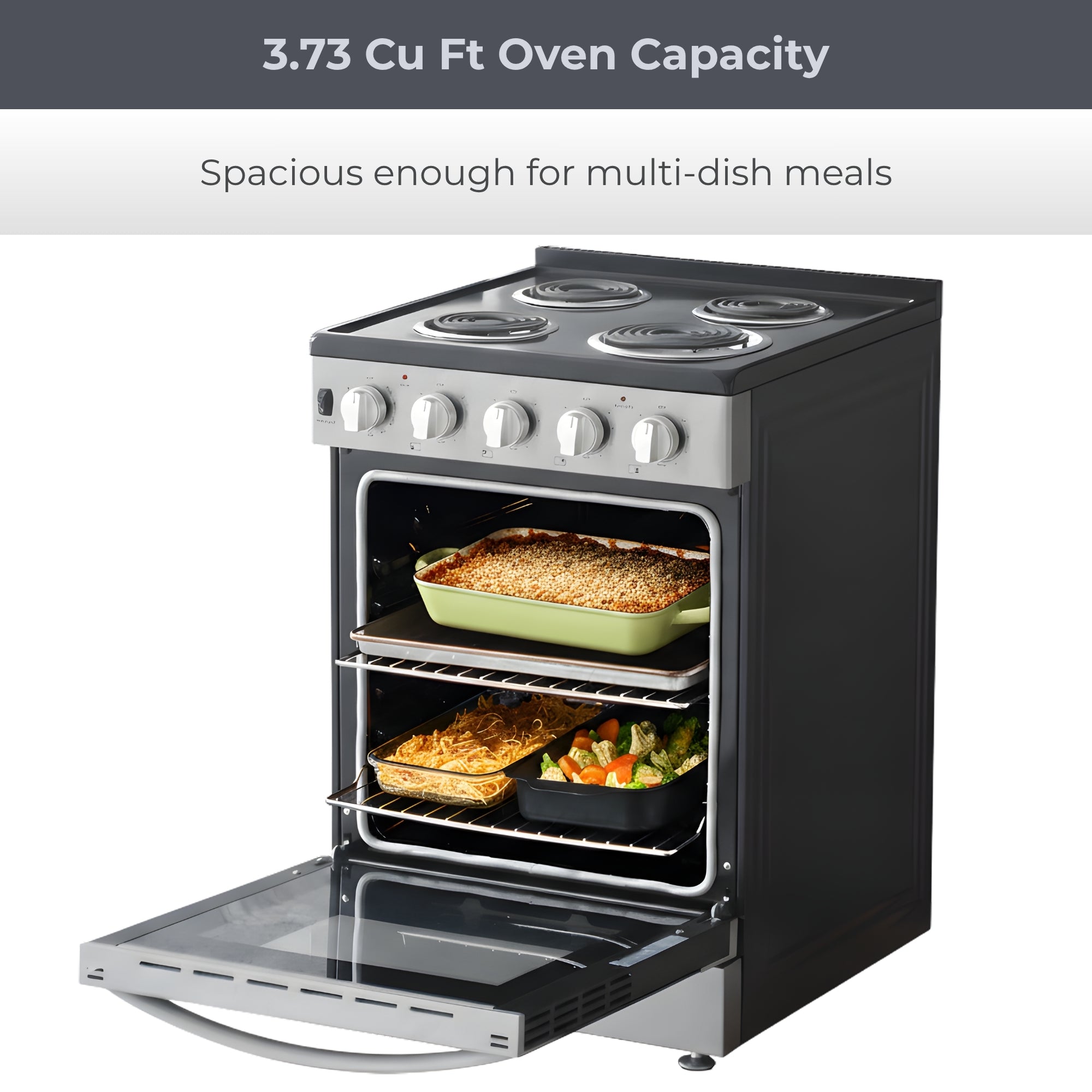 Kenmore electric coil top range, open with dishes of food cooking inside. Text above reads, "3.73 cu ft oven capacity: Spacious enough for multi-dish meals."