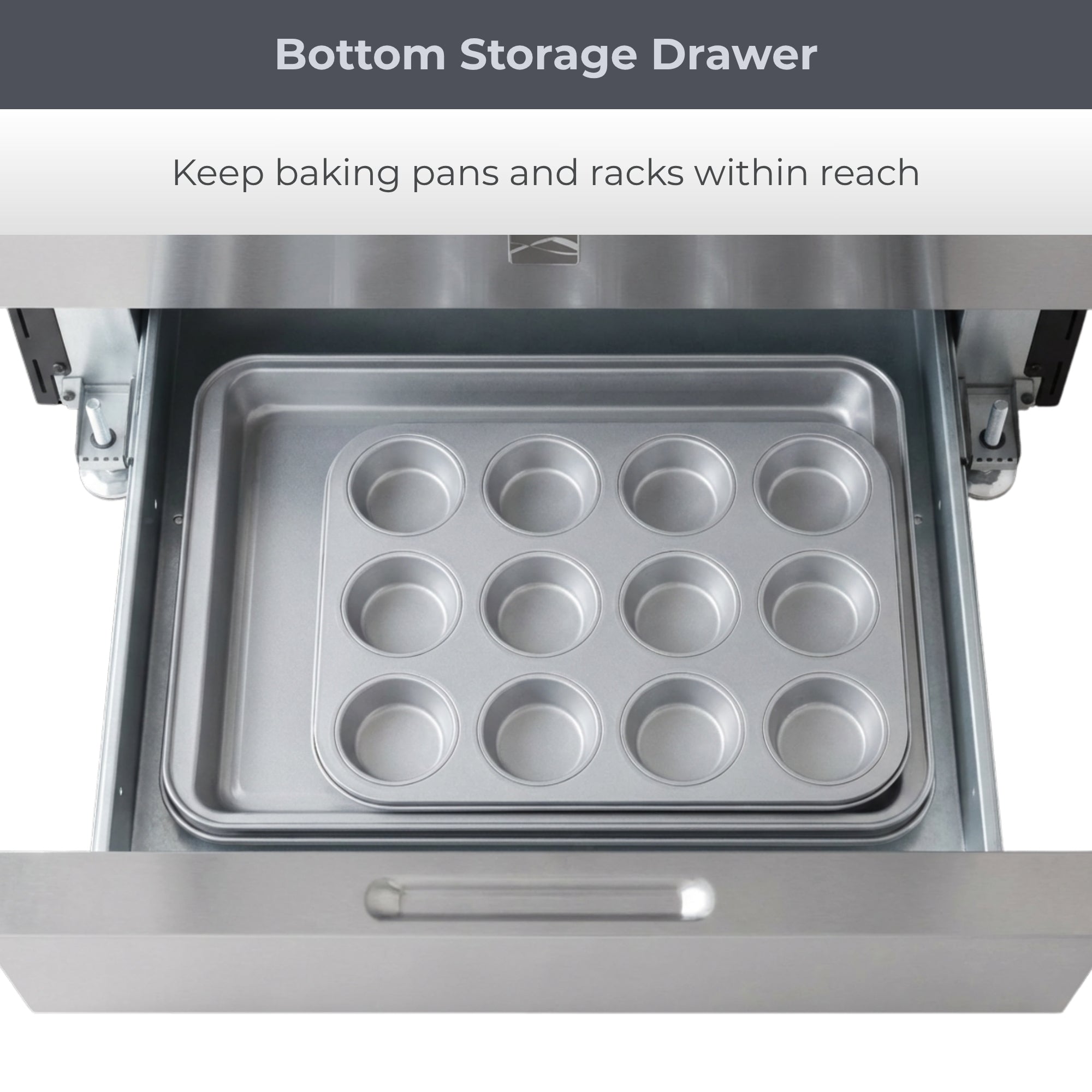 Closeup of the open storage drawer filled with baking pans. Text above reads, "Bottom storage drawer: Keep baking pans and racks within reach"