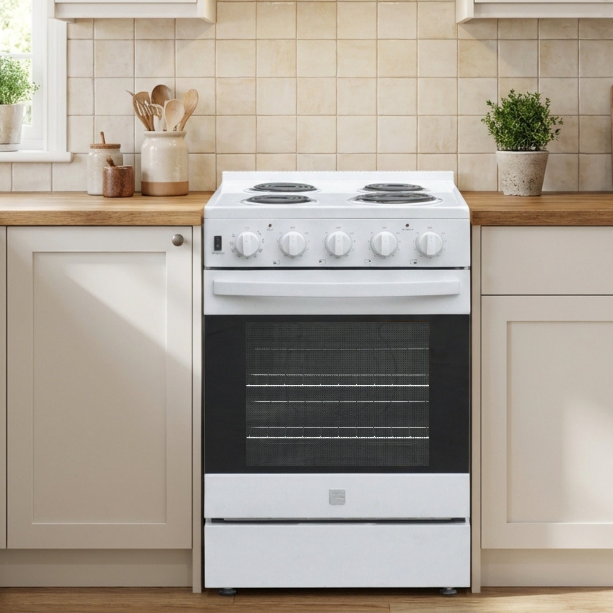 Kenmore electric coil top range installed between white cabinet