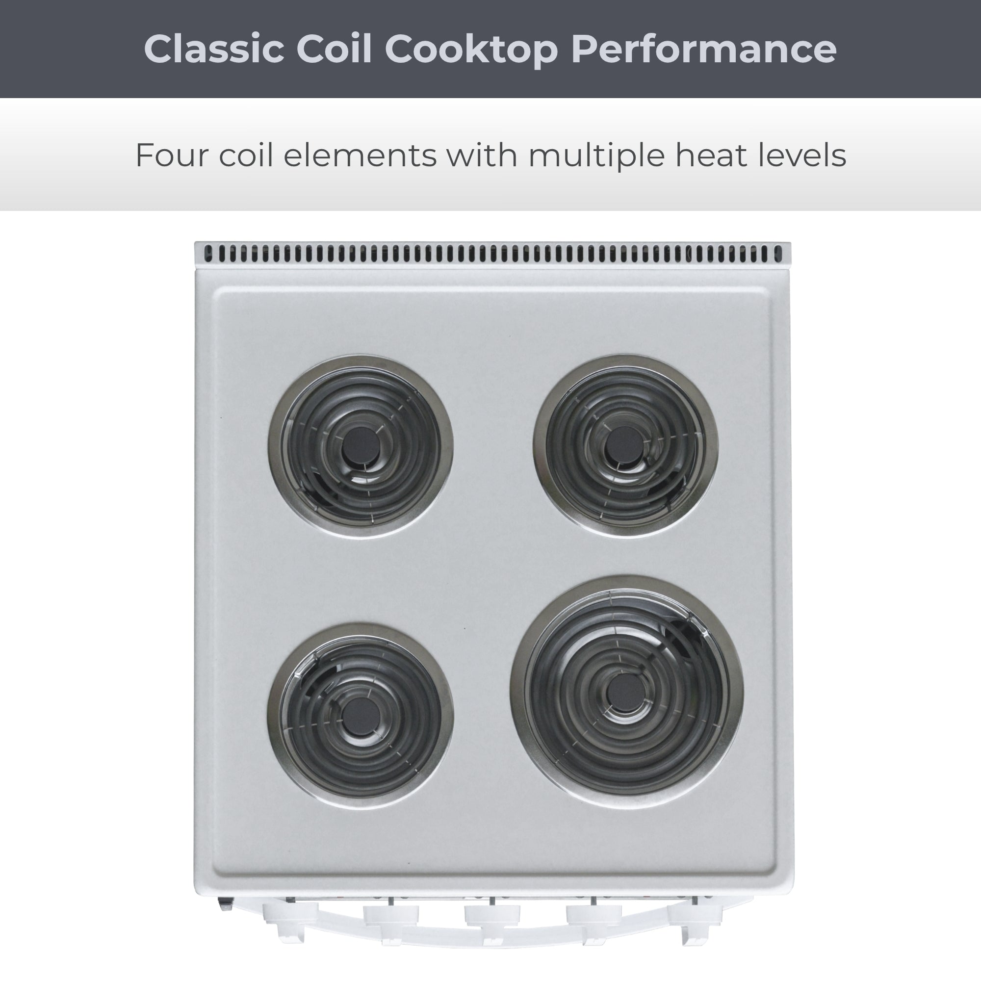 Top view of the Kenmore electric coil top range showing the 4 elements. Text above reads, "Classic coil cooktop performance: Four coil elements with multiple heat levels"