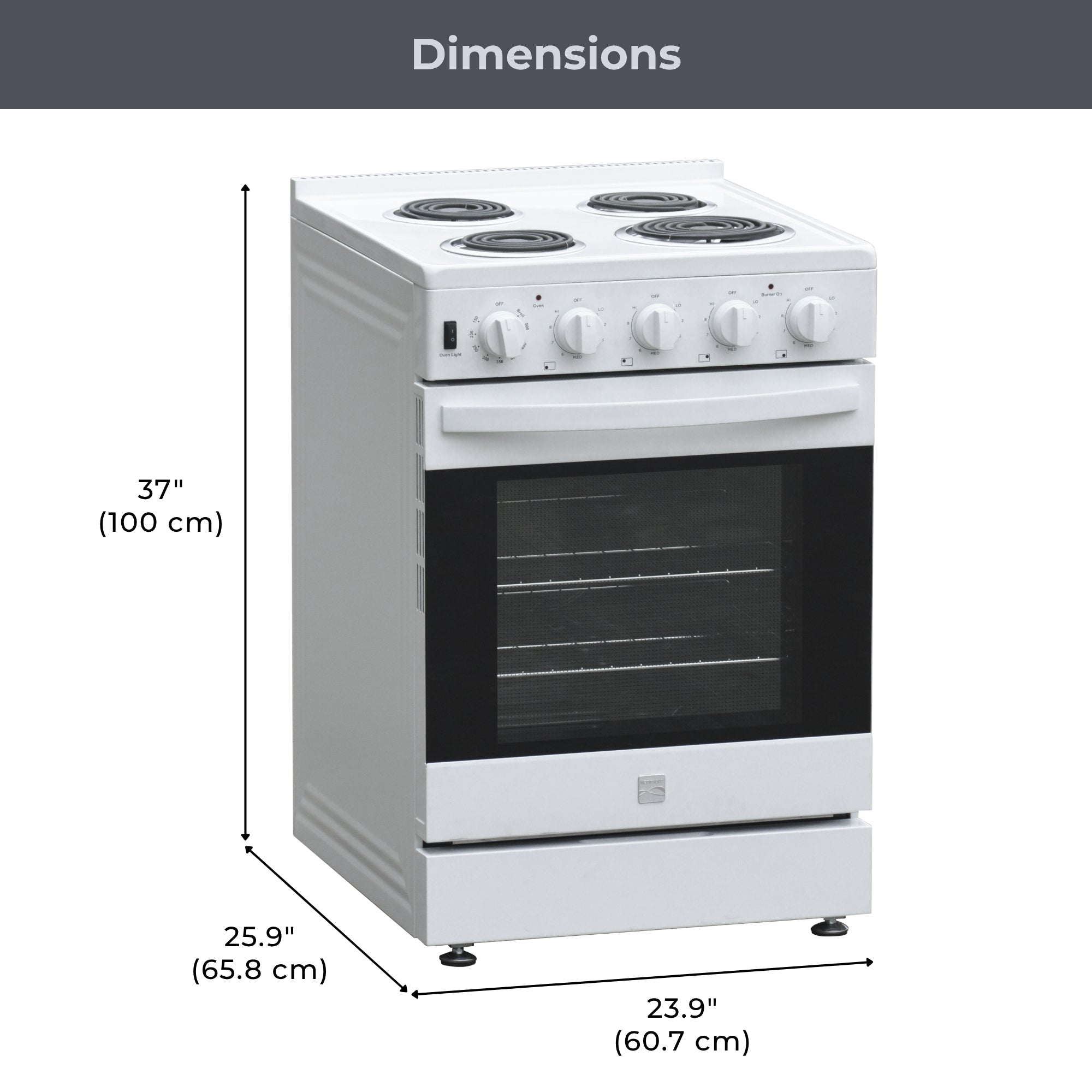 Kenmore electric coil top range on a white background with dimensions labeled