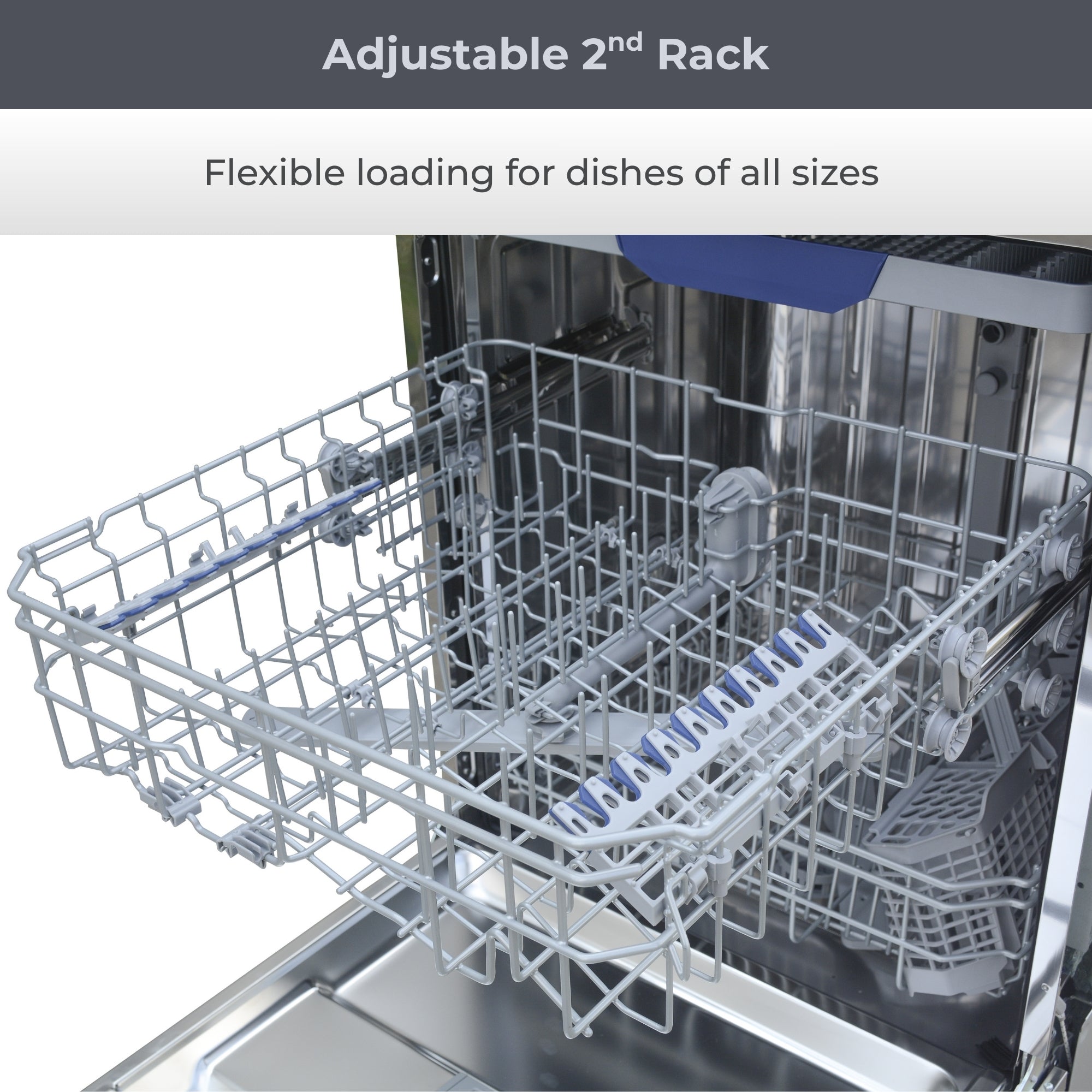 Closeup of the MoreSpace™ adjustable 2nd rack. Text above reads, “Adjustable 2nd Rack: Flexible loading for dishes of all sizes"