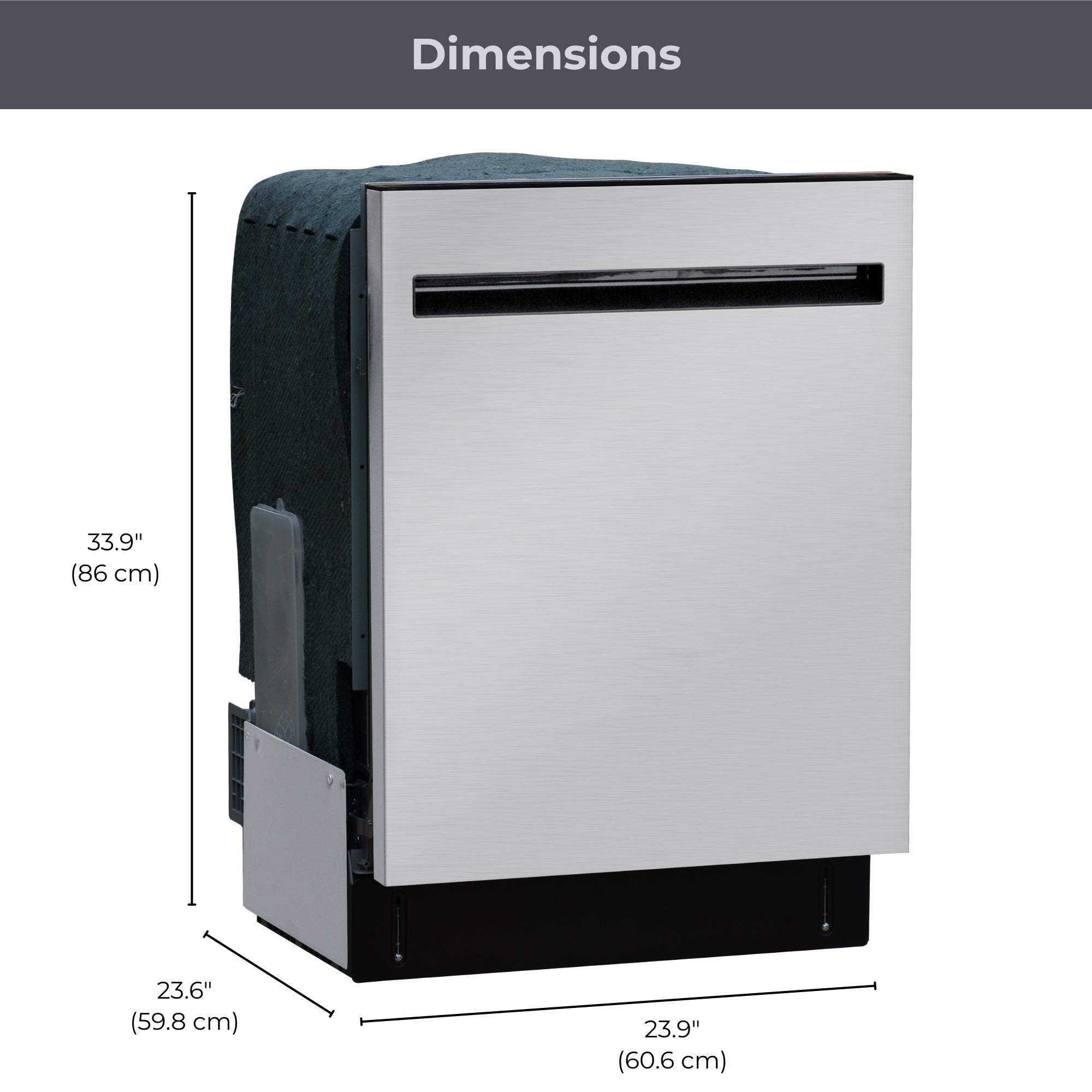 Kenmore ultra-quiet 24-inch top control dishwasher on a white background with dimensions labeled