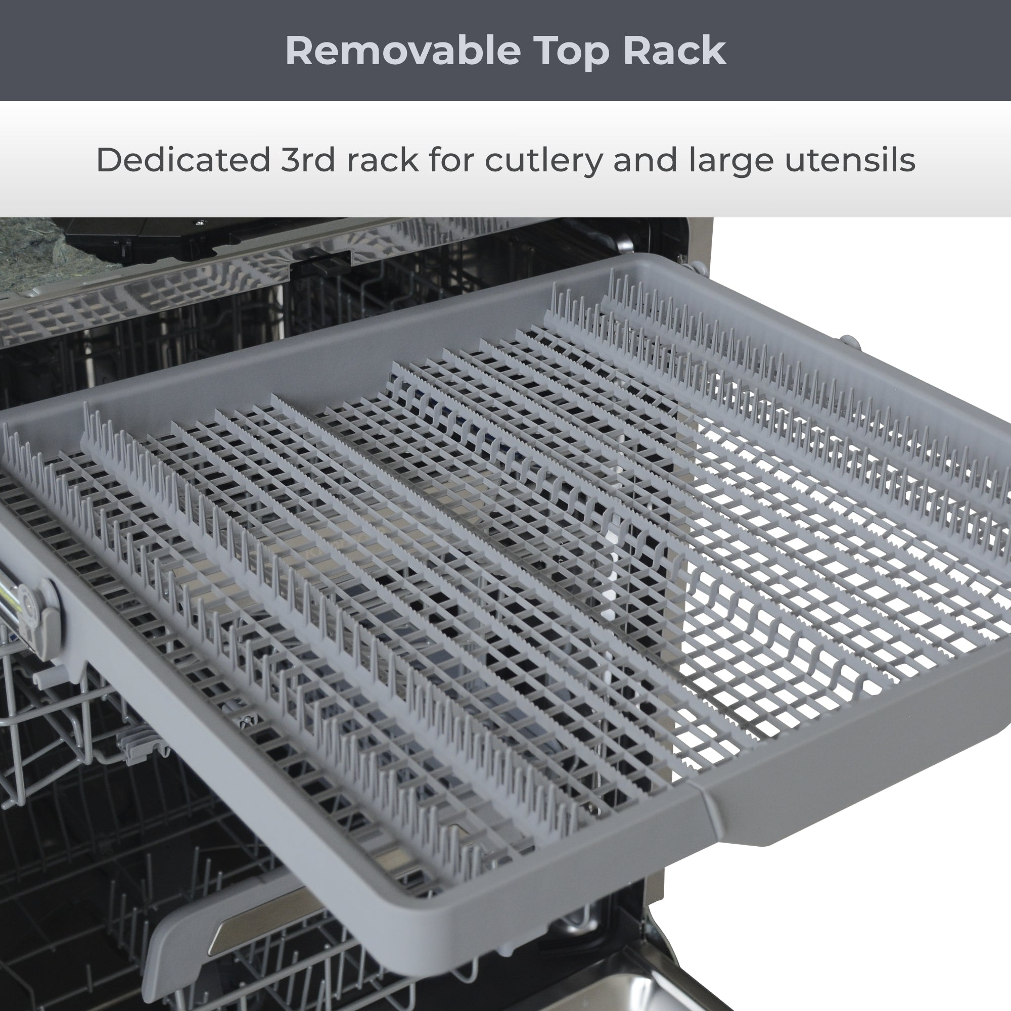 Closeup of the empty removable utensil tray in the Kenmore ultra-quiet 24-inch top control dishwasher. Text above reads, “Removable Top Rack: Dedicated 3rd rack for cutlery and large utensils"